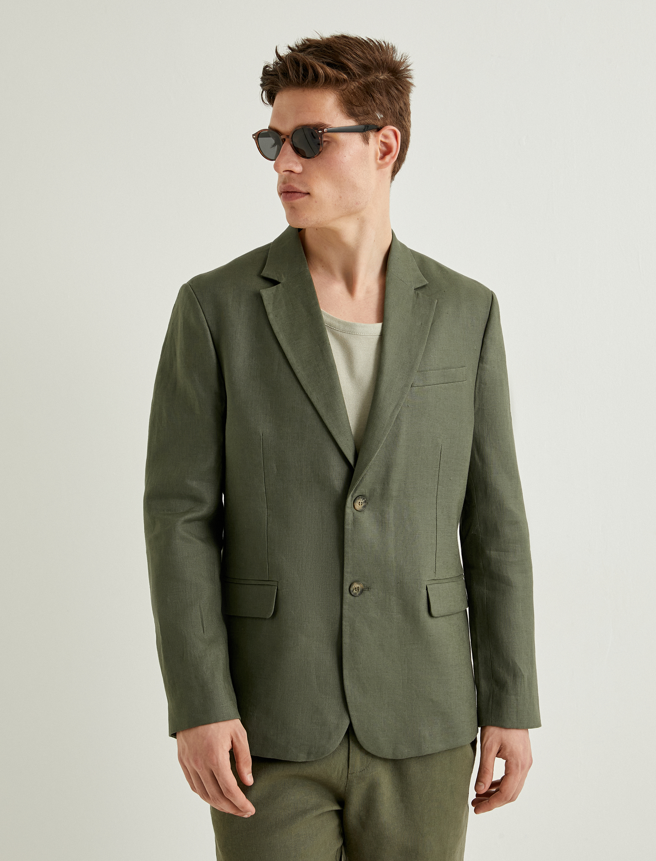   Keten Blazer Ceket Slim Fit Düğmeli Fleto Cep Detaylı