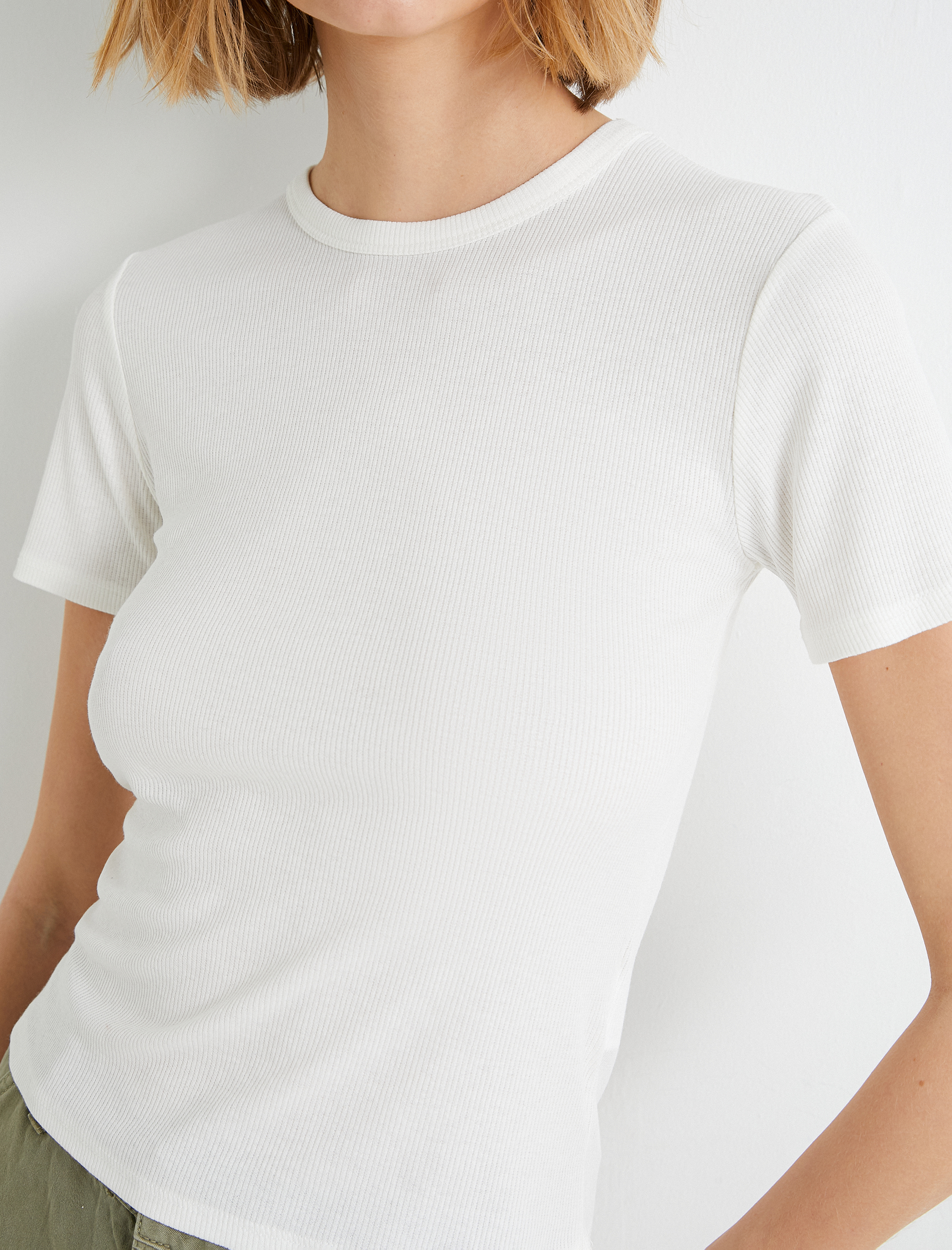   Basic Kısa Tişört Fitilli Kısa Kollu Bisiklet Yaka Viskoz Kumaş