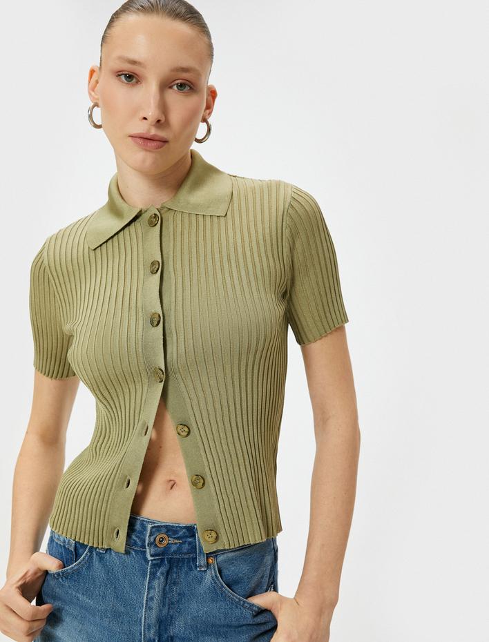  Polo Yaka Kazak Triko Fitilli Düğmeli Kısa Kollu Viskon