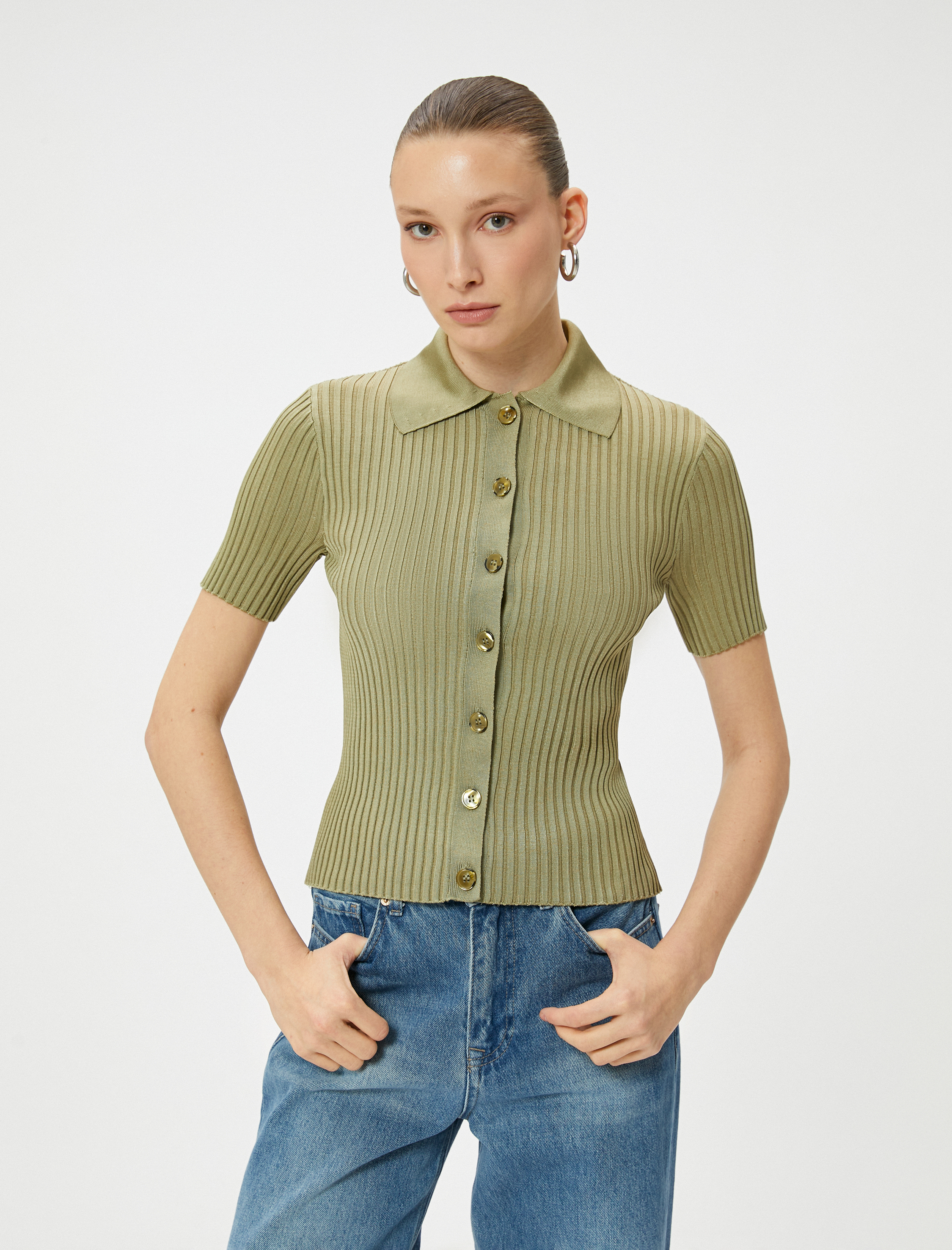   Polo Yaka Kazak Triko Fitilli Düğmeli Kısa Kollu Viskon