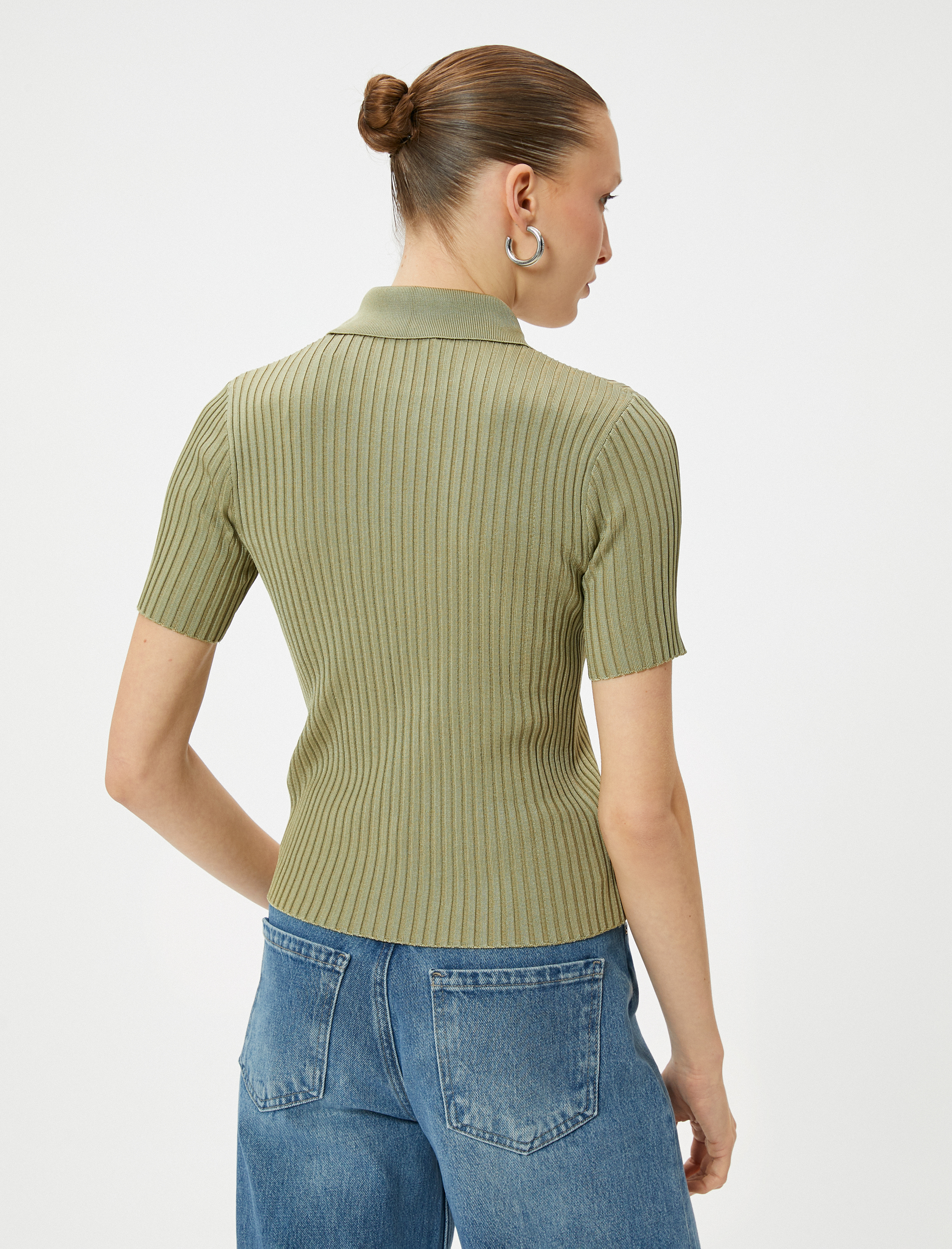   Polo Yaka Kazak Triko Fitilli Düğmeli Kısa Kollu Viskon