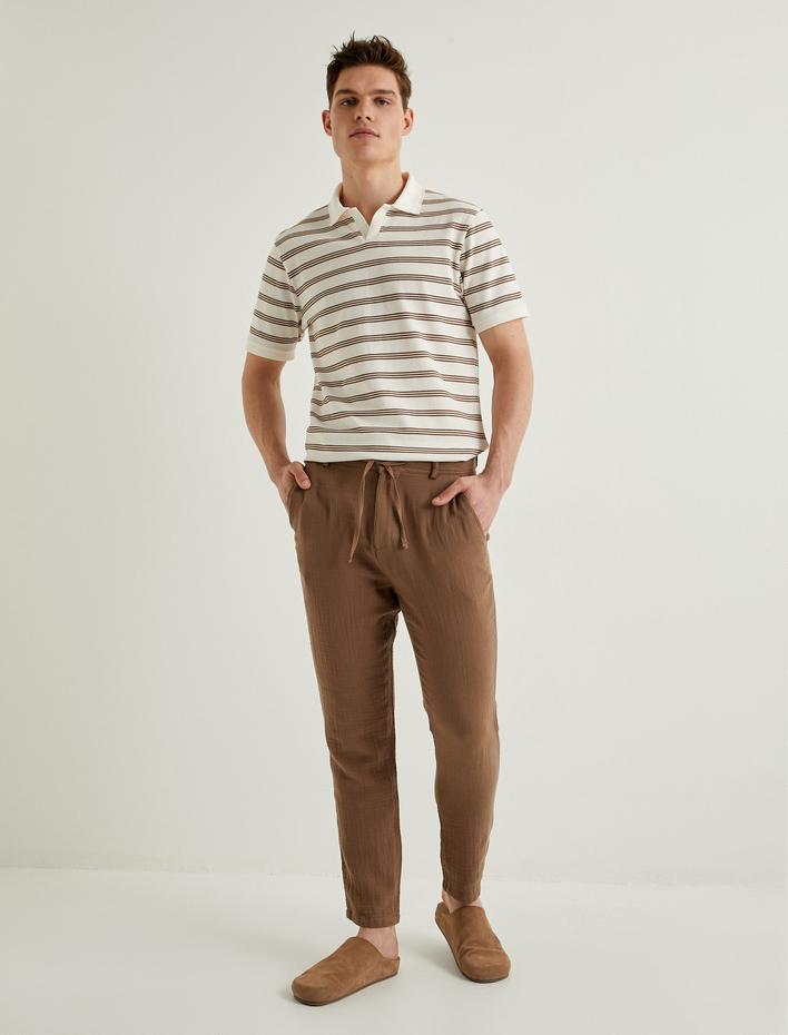  V Yaka Polo Tişört Dokulu Kısa Kollu Pamuklu