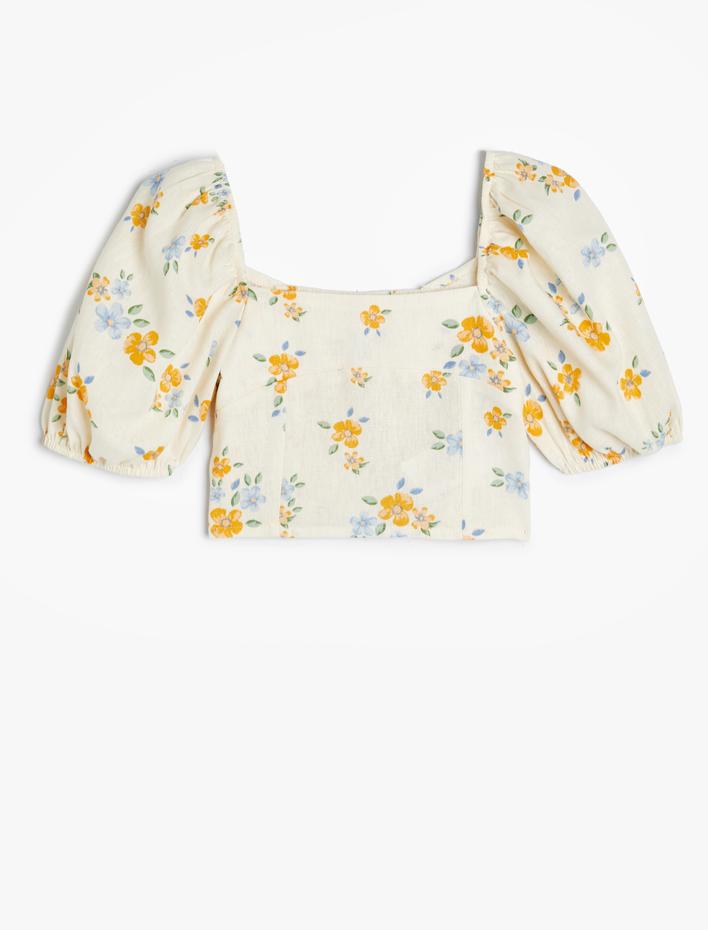 Kız Çocuk Keten Crop Bluz Çiçekli Kare Yaka Gipe Detaylı