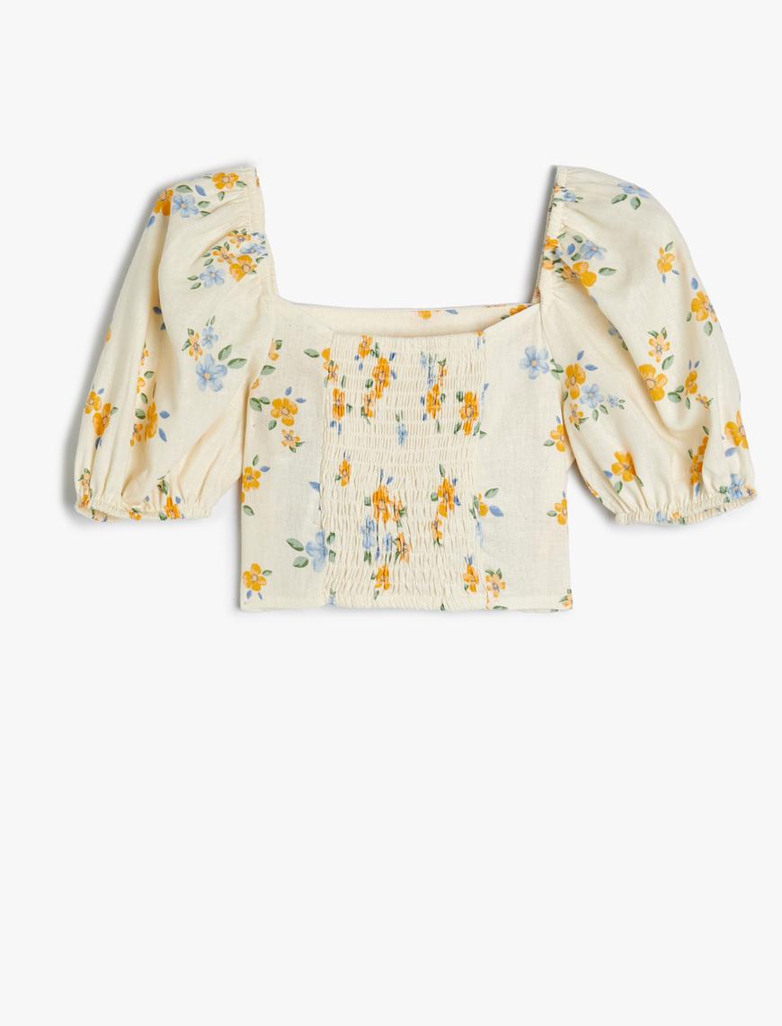  Kız Çocuk Keten Crop Bluz Çiçekli Kare Yaka Gipe Detaylı