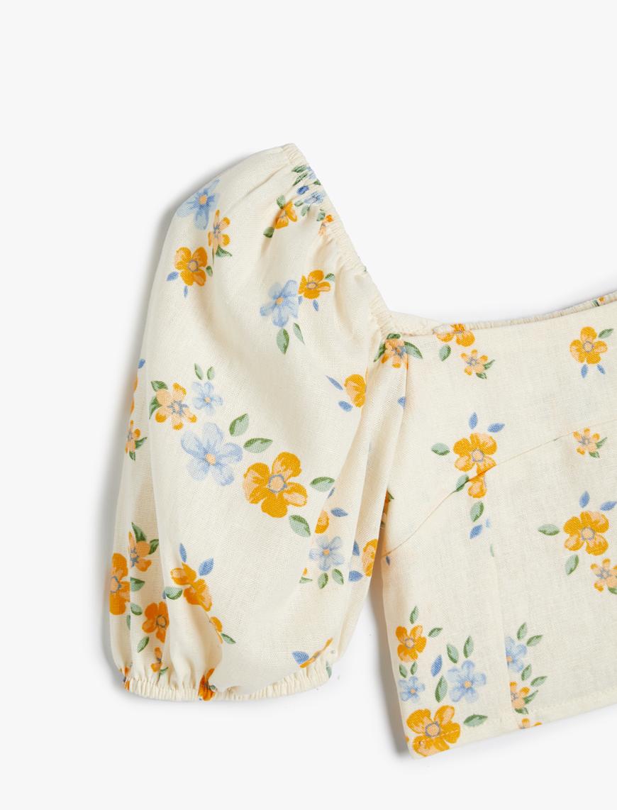  Kız Çocuk Keten Crop Bluz Çiçekli Kare Yaka Gipe Detaylı