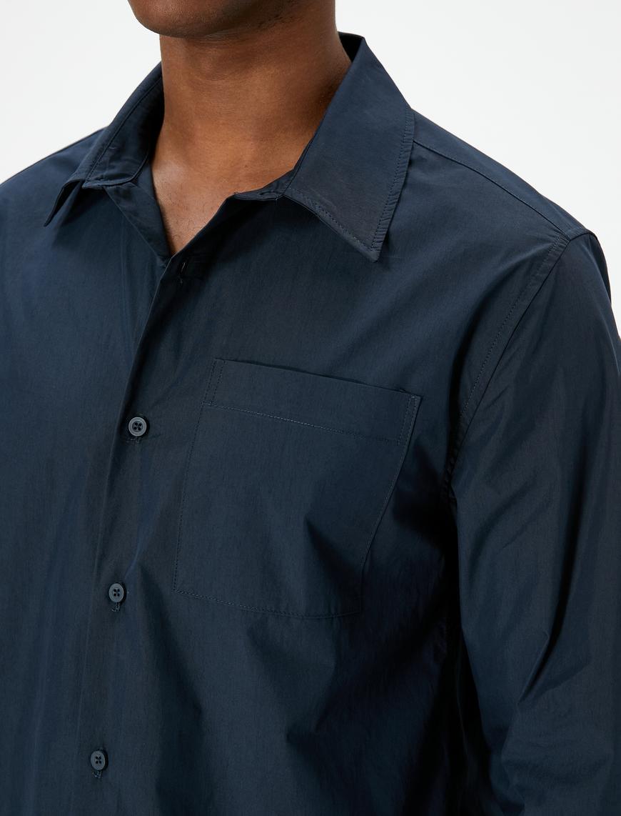   Uzun Kollu Gömlek Cep Detaylı Düğmeli Klasik Yaka