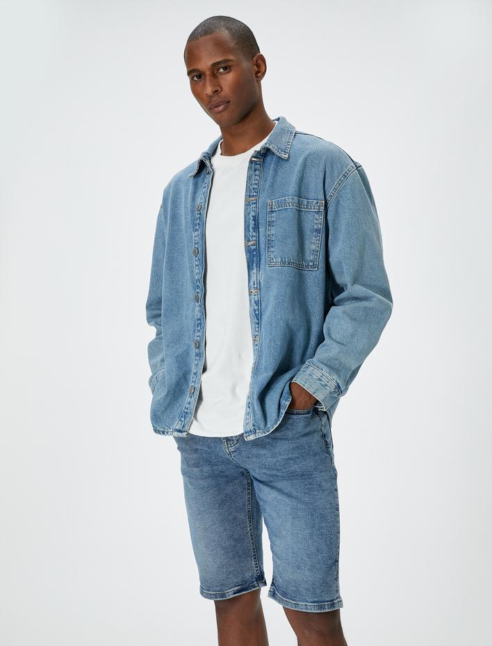  Kot Şort Bermuda Slim Fit Düğmeli Cepli