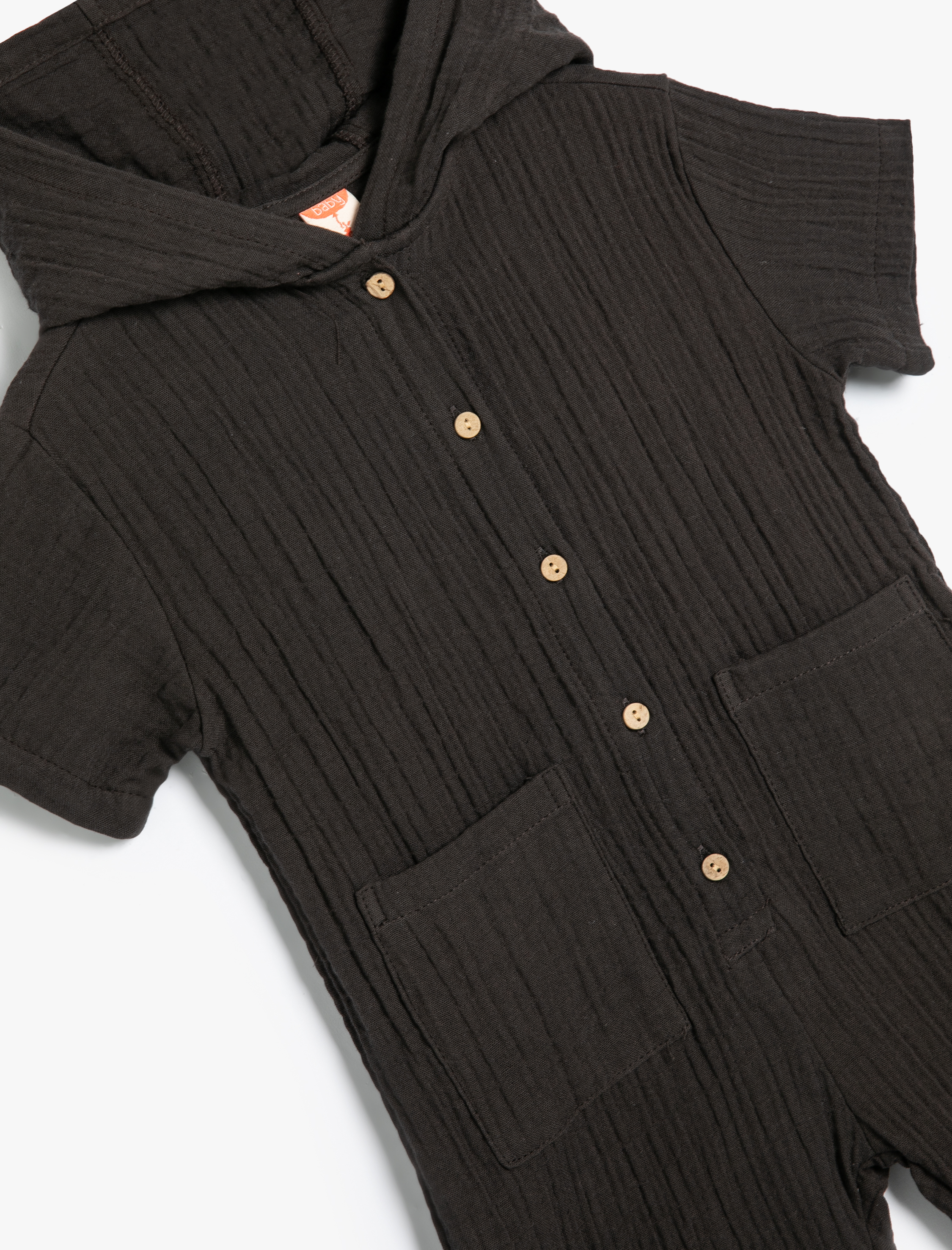  Erkek Bebek Kapşonlu Kısa Tulum Müslin Kumaş Bisiklet Yaka Kısa Kollu Pamuklu