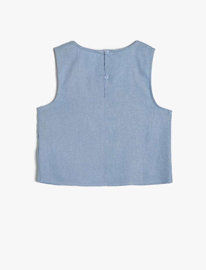 Kız Çocuk Keten Bluz Asimetrik Kesim Yuvarlak Yaka