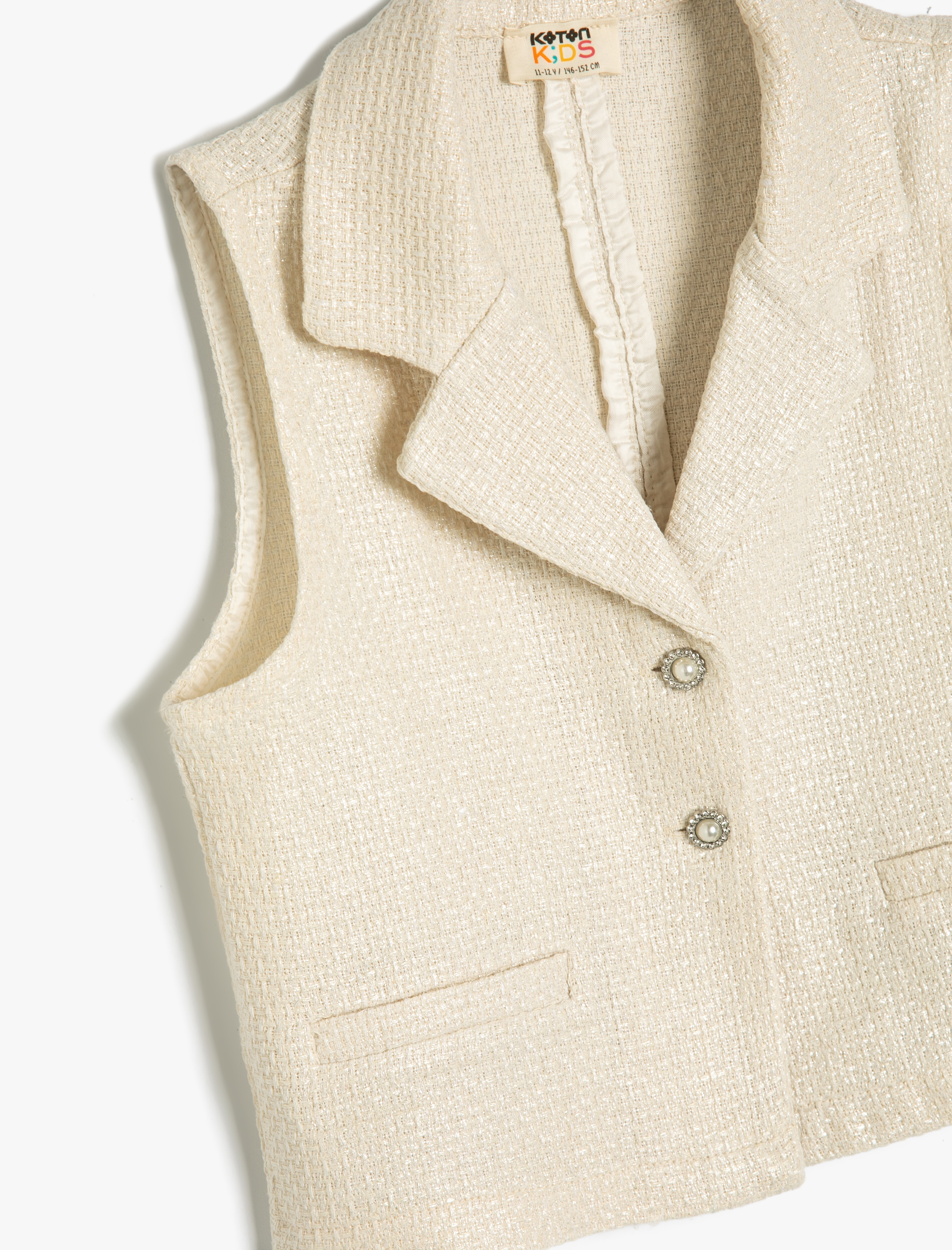  Kız Çocuk Crop Tüvit Yelek Kruvaze Yaka Kolsuz Dokulu Cep Detaylı