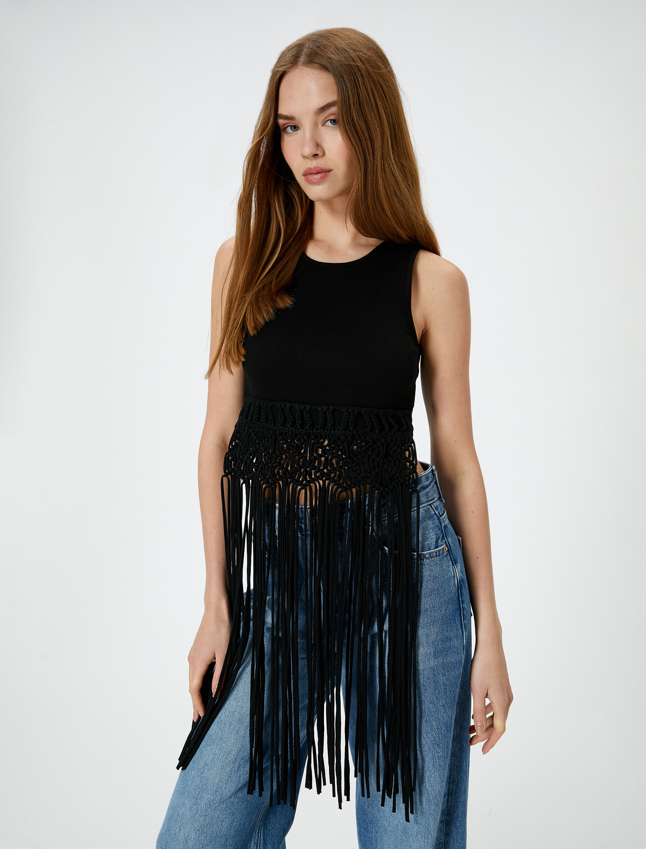 Uzun Püsküllü Üst Kolsuz Slim Fit Pamuklu