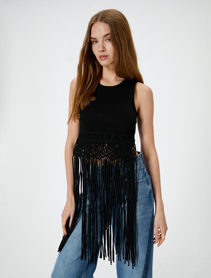  Uzun Püsküllü Üst Kolsuz Slim Fit Pamuklu