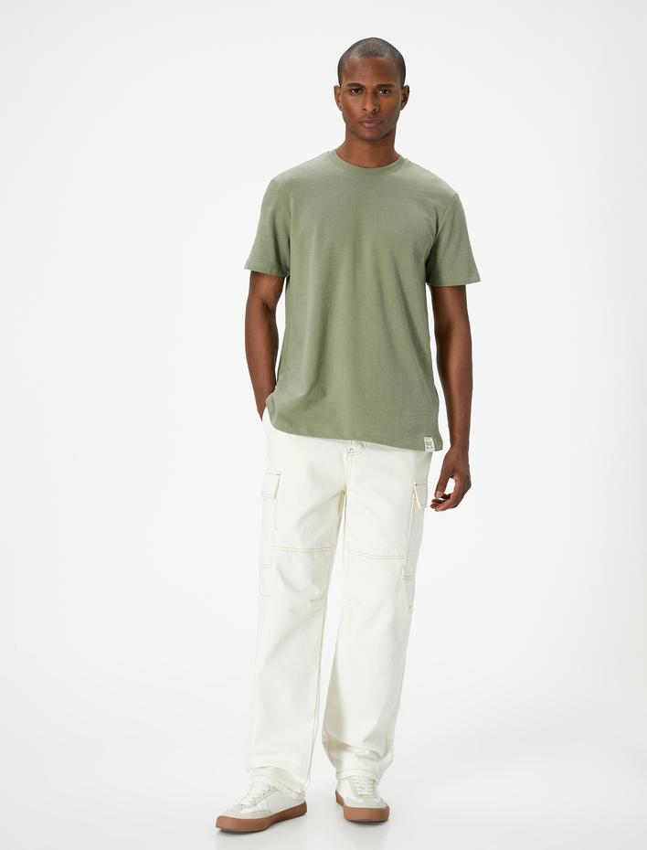  Basic Tişört Dokulu Etiket Baskılı Bisiklet Yaka Kısa Kollu