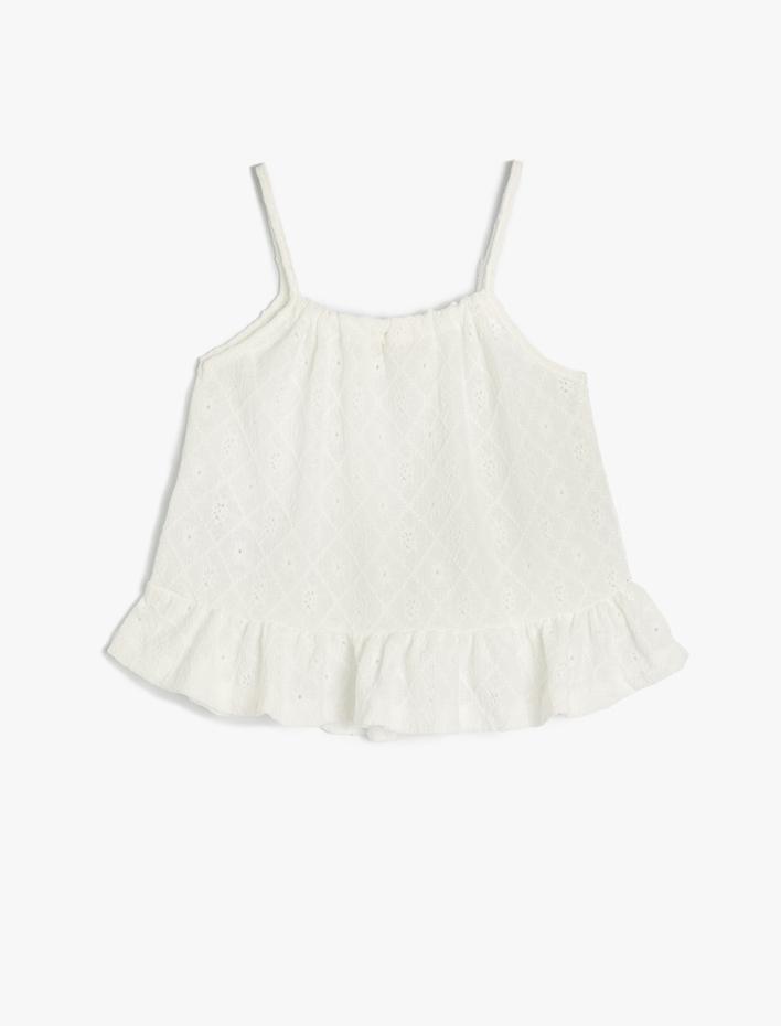 Kız Çocuk Crop Bluz Askılı Dokulu Fırfır Detaylı