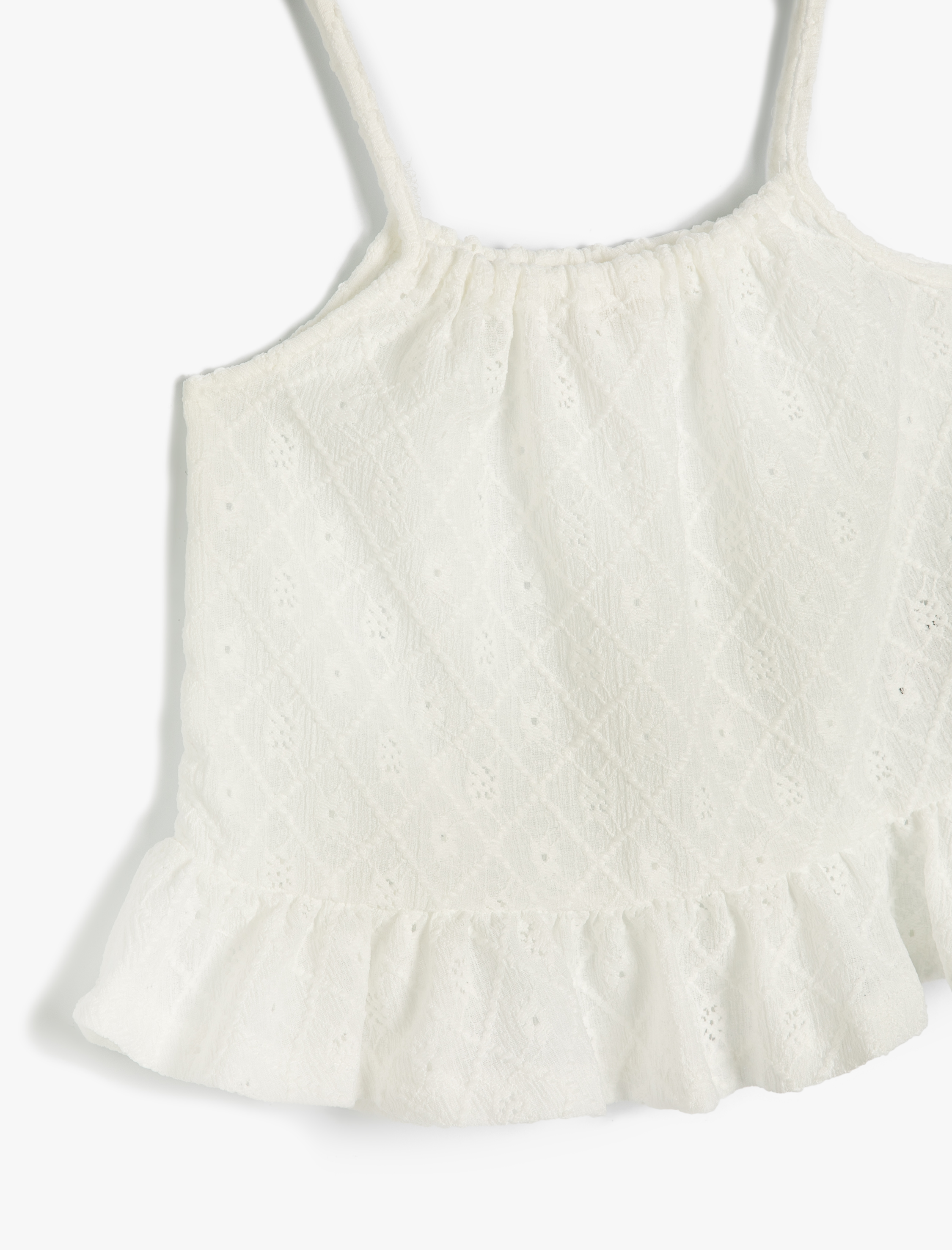  Kız Çocuk Crop Bluz Askılı Dokulu Fırfır Detaylı