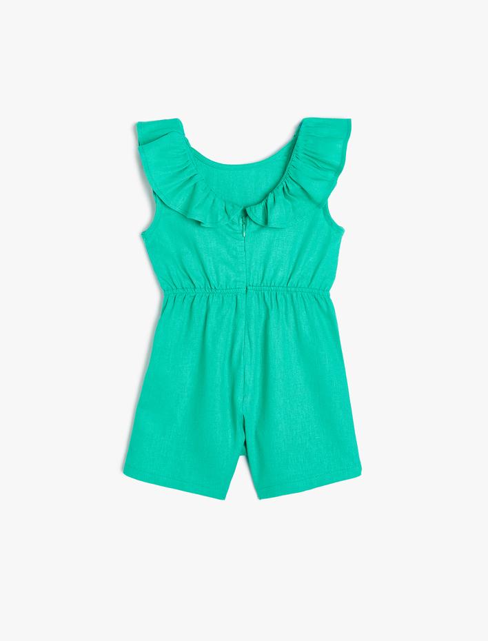 Kız Bebek Keten Kısa Tulum Kolsuz Fırfır Detaylı