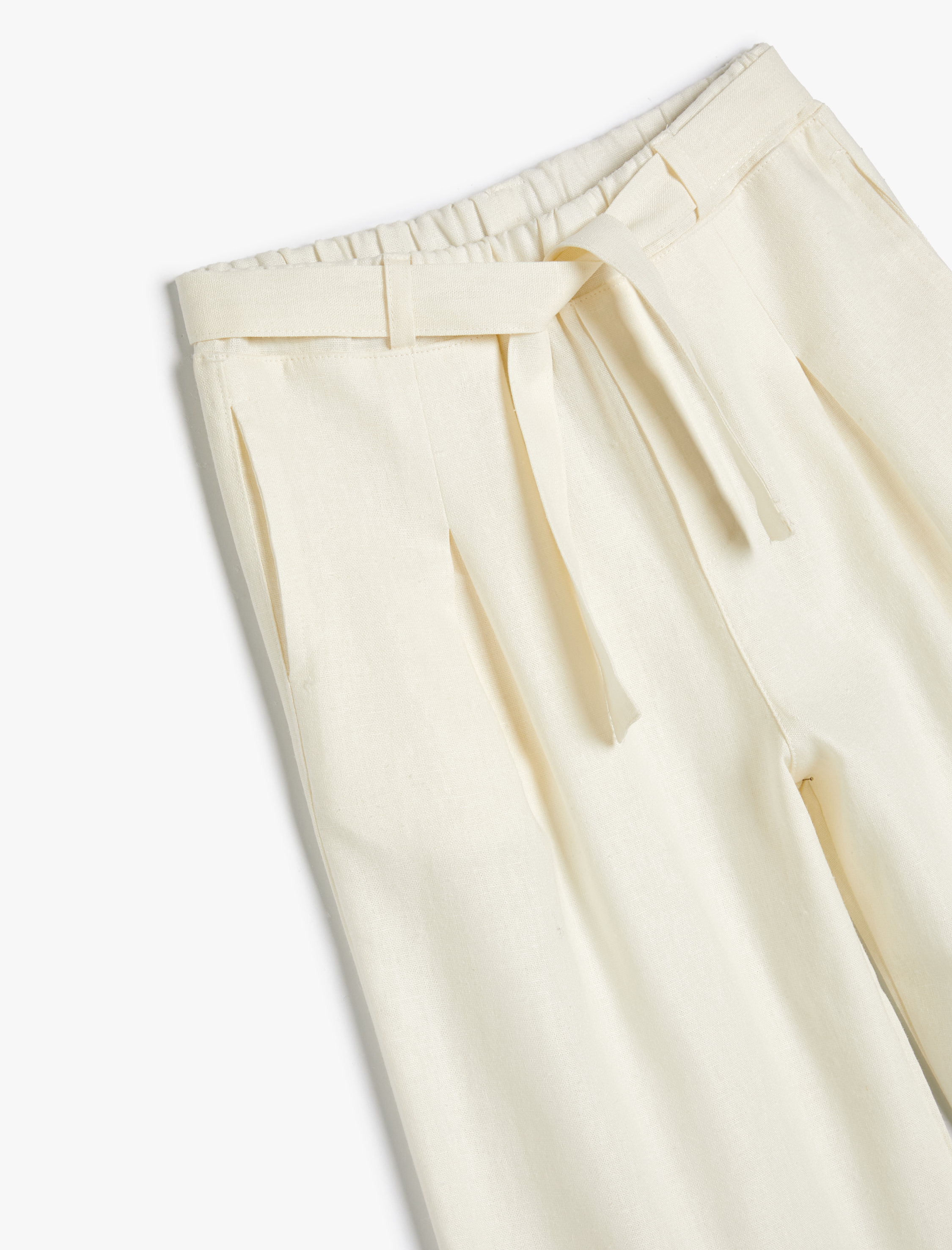  Kız Çocuk Keten Pantolon Bol Paça Cepli Kemer Detaylı Beli Lastikli