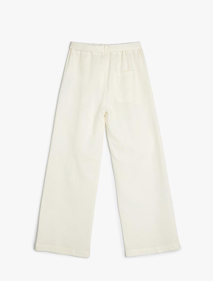 Kız Çocuk Keten Pantolon Bol Paça Cepli Kemer Detaylı Beli Lastikli