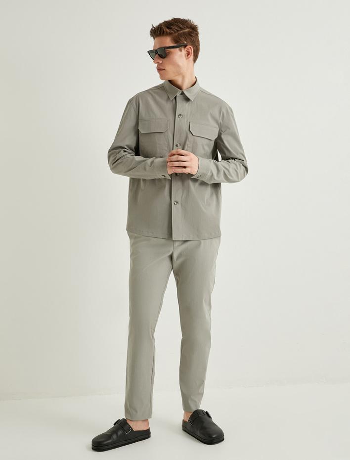  Kumaş Pantolon Düğmeli Chino Cep Detaylı