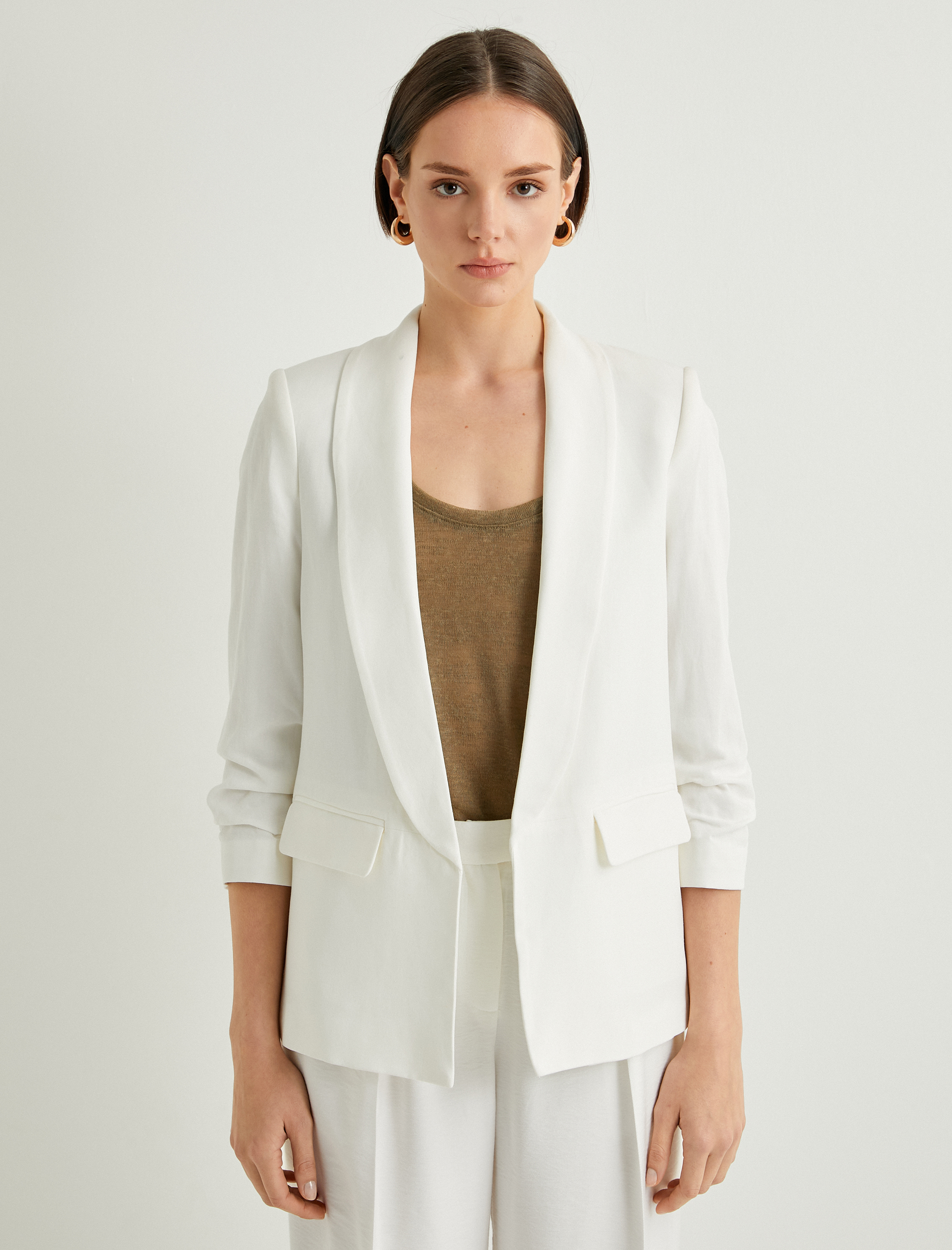   Blazer Ceket Drapeli Kollu Cepli Viskon Keten Karışımlı Standart Kesim