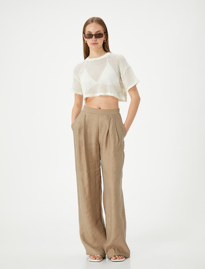  Crop Kroşe Tişört Kısa Kollu Bisiklet Yaka Pamuklu Ajurlu