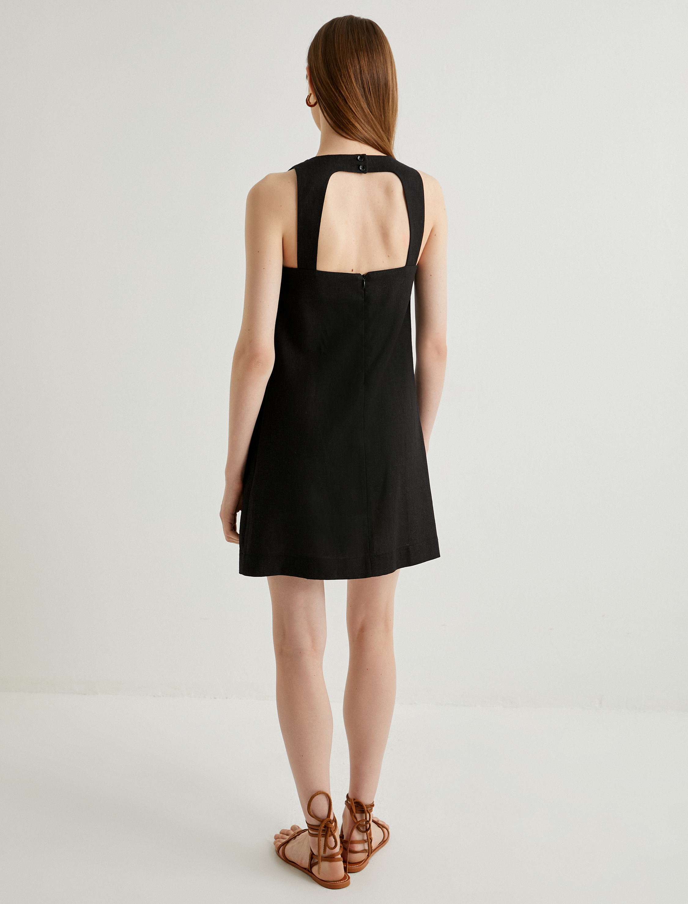   Mini Keten Elbise Sırtı Pencere Detaylı Bisiklet Yaka