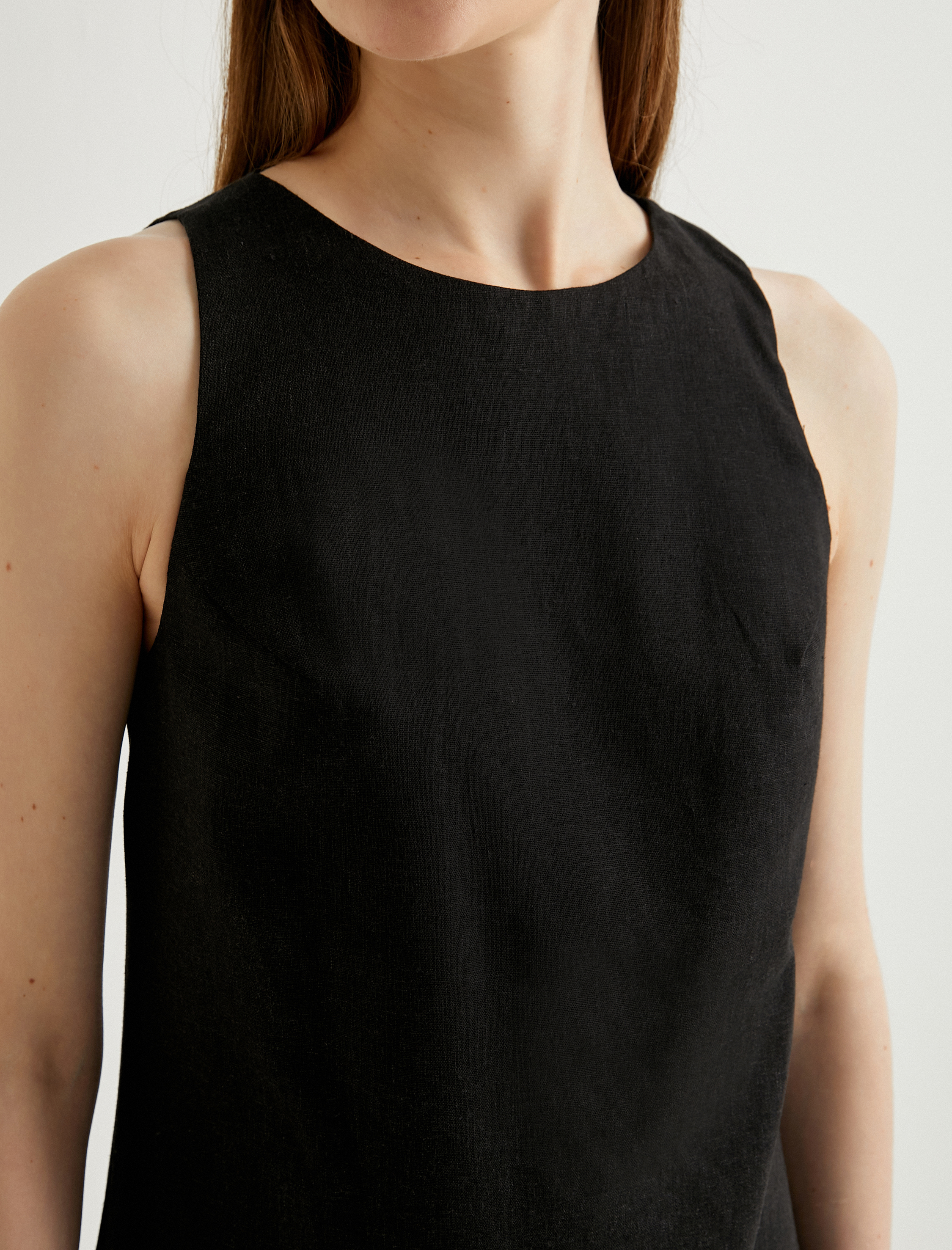   Mini Keten Elbise Sırtı Pencere Detaylı Bisiklet Yaka