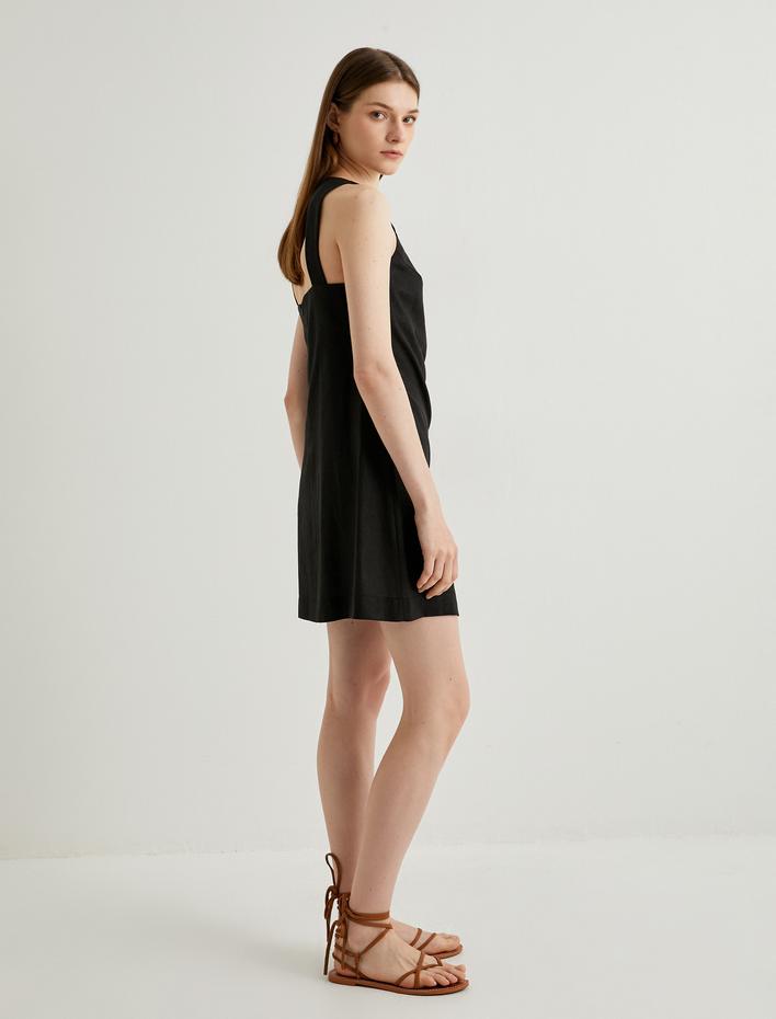  Mini Keten Elbise Sırtı Pencere Detaylı Bisiklet Yaka