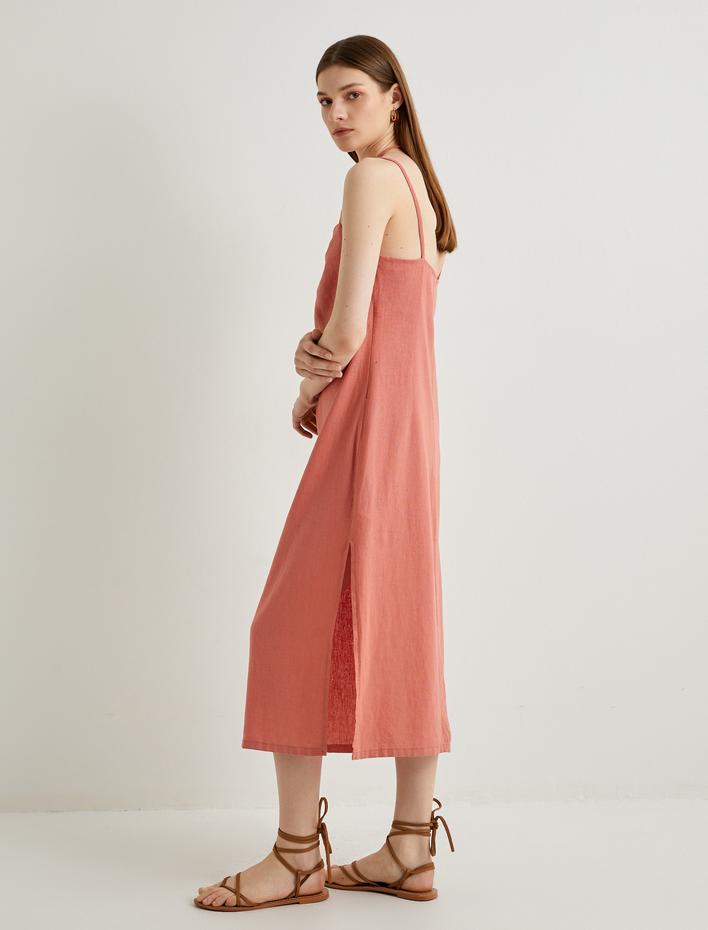  Midi Keten Elbise Boyundan Bağlamalı Pencere Detaylı Yırtmaçlı