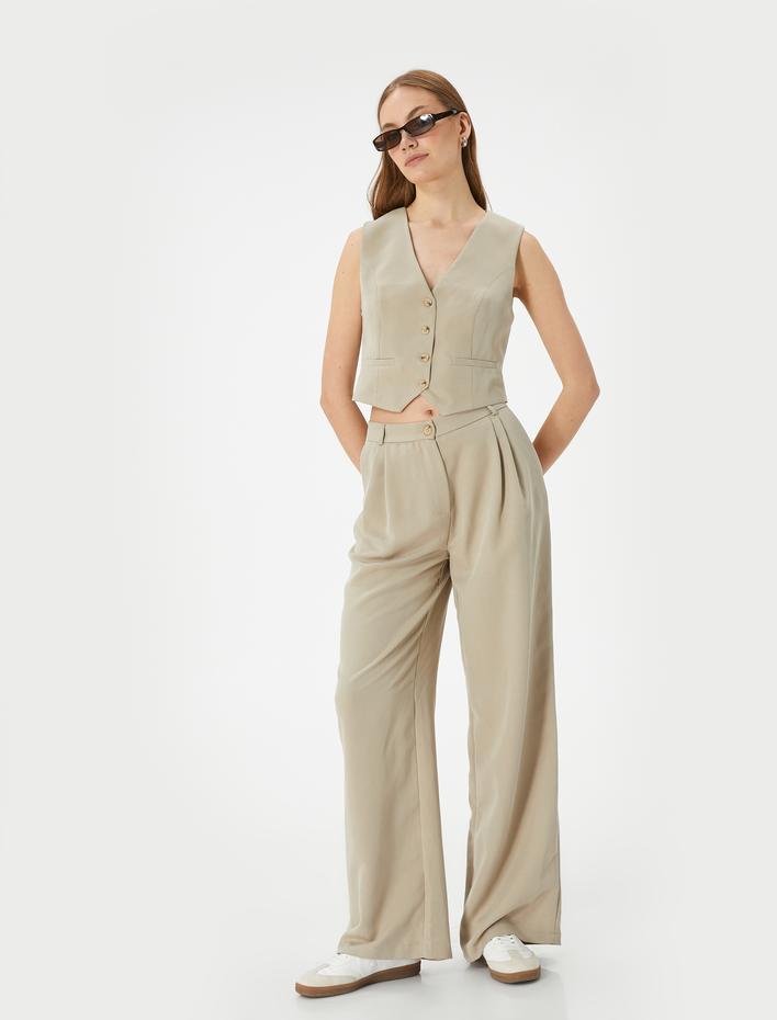  Crop Yelek V Yaka Düğmeli Fleto Cepli