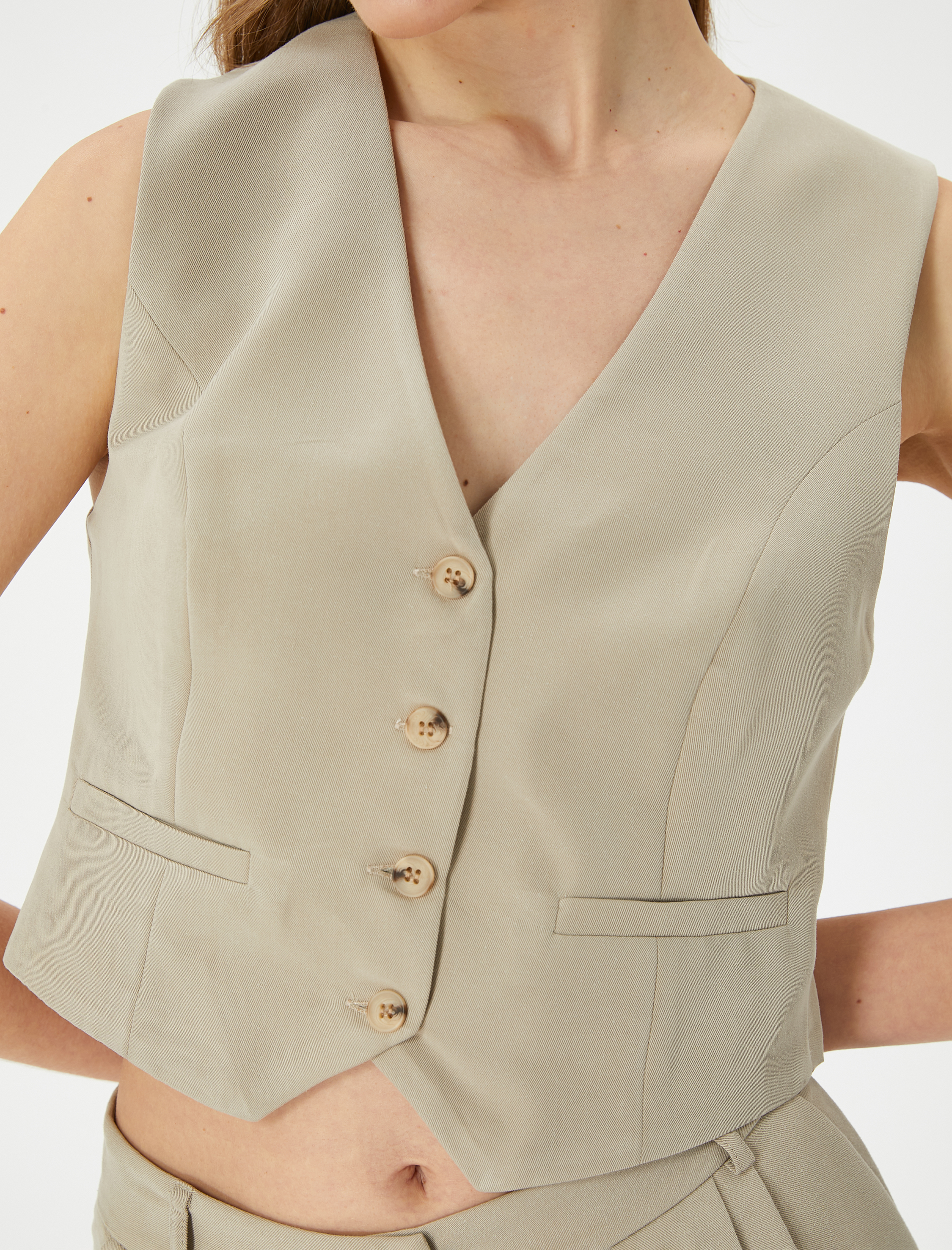   Crop Yelek V Yaka Düğmeli Fleto Cepli