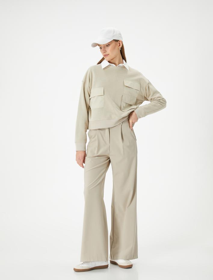  Bisiklet Yaka Sweatshirt Kargo Cepli Ribanalı Standart Kesim