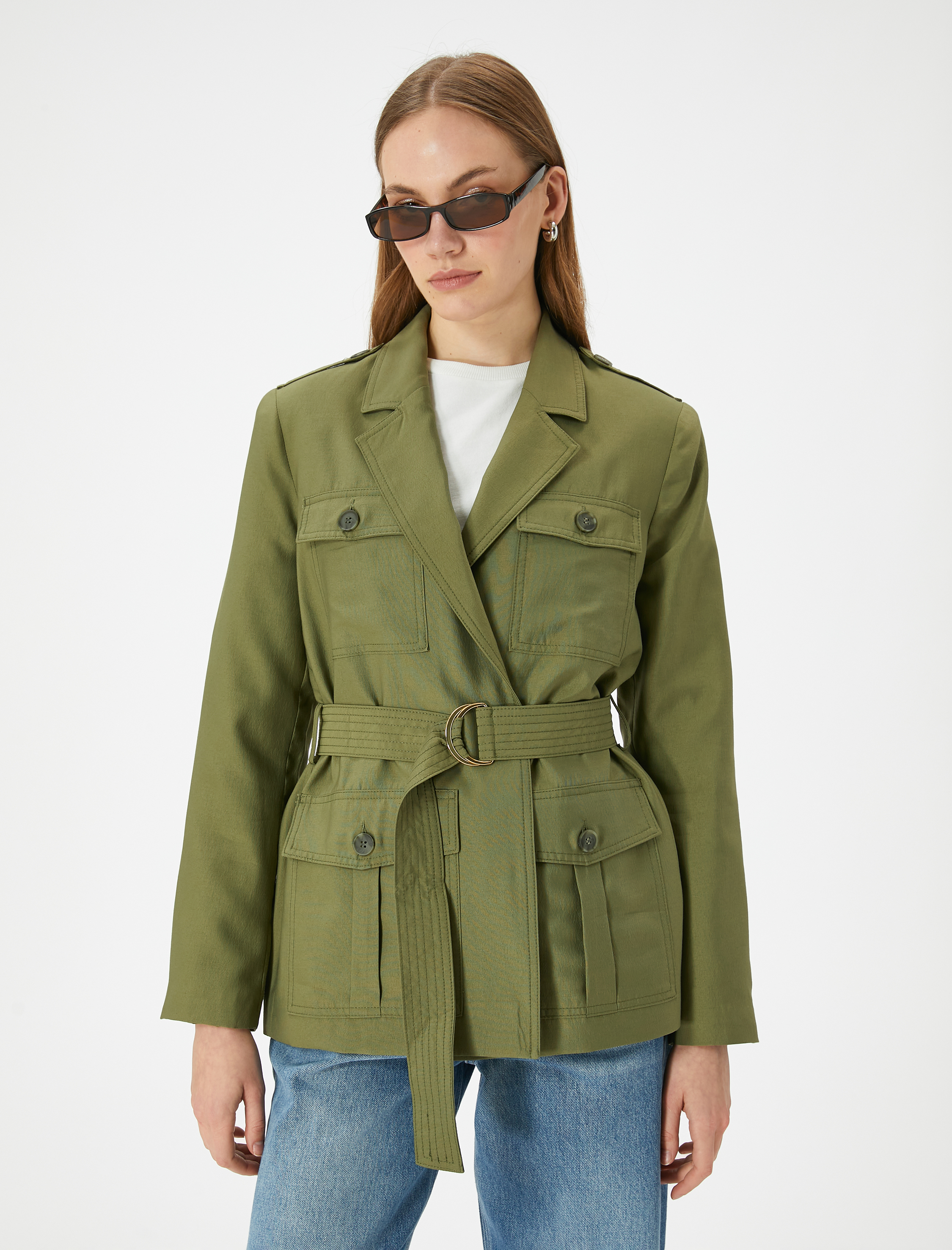   Mevsimlik Ceket Kemerli Kargo Cepli Düğmeli Modal Karışımlı