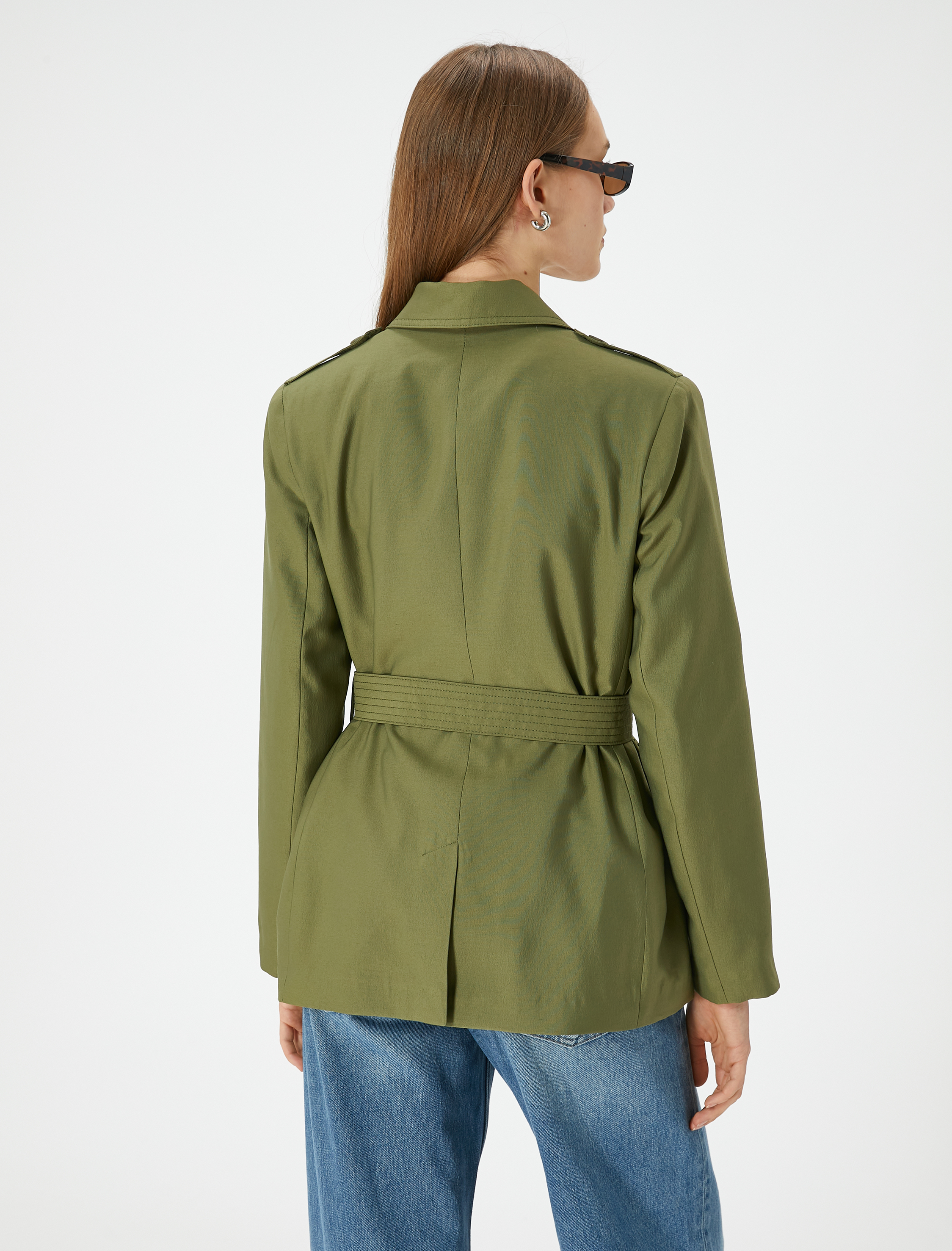   Mevsimlik Ceket Kemerli Kargo Cepli Düğmeli Modal Karışımlı