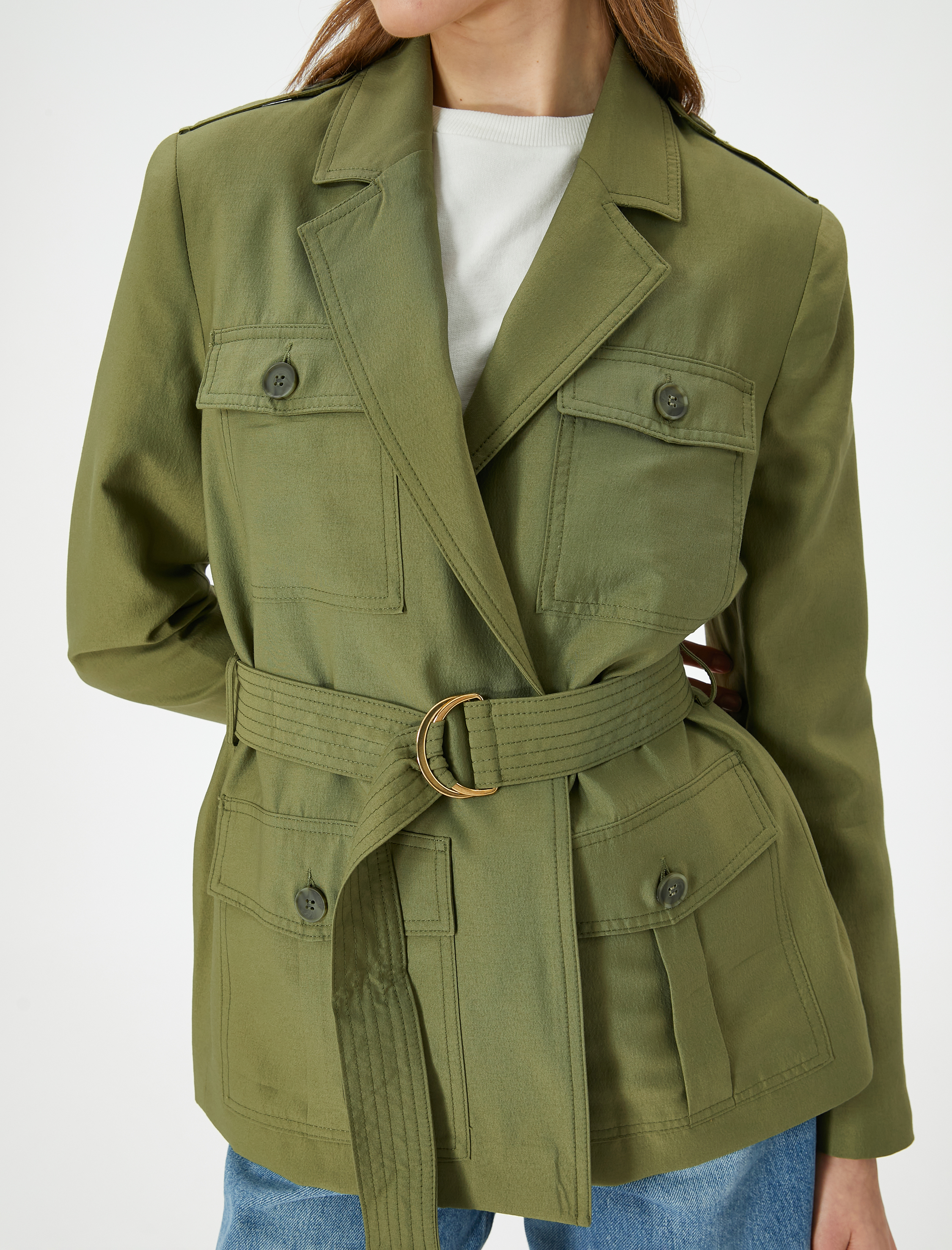   Mevsimlik Ceket Kemerli Kargo Cepli Düğmeli Modal Karışımlı