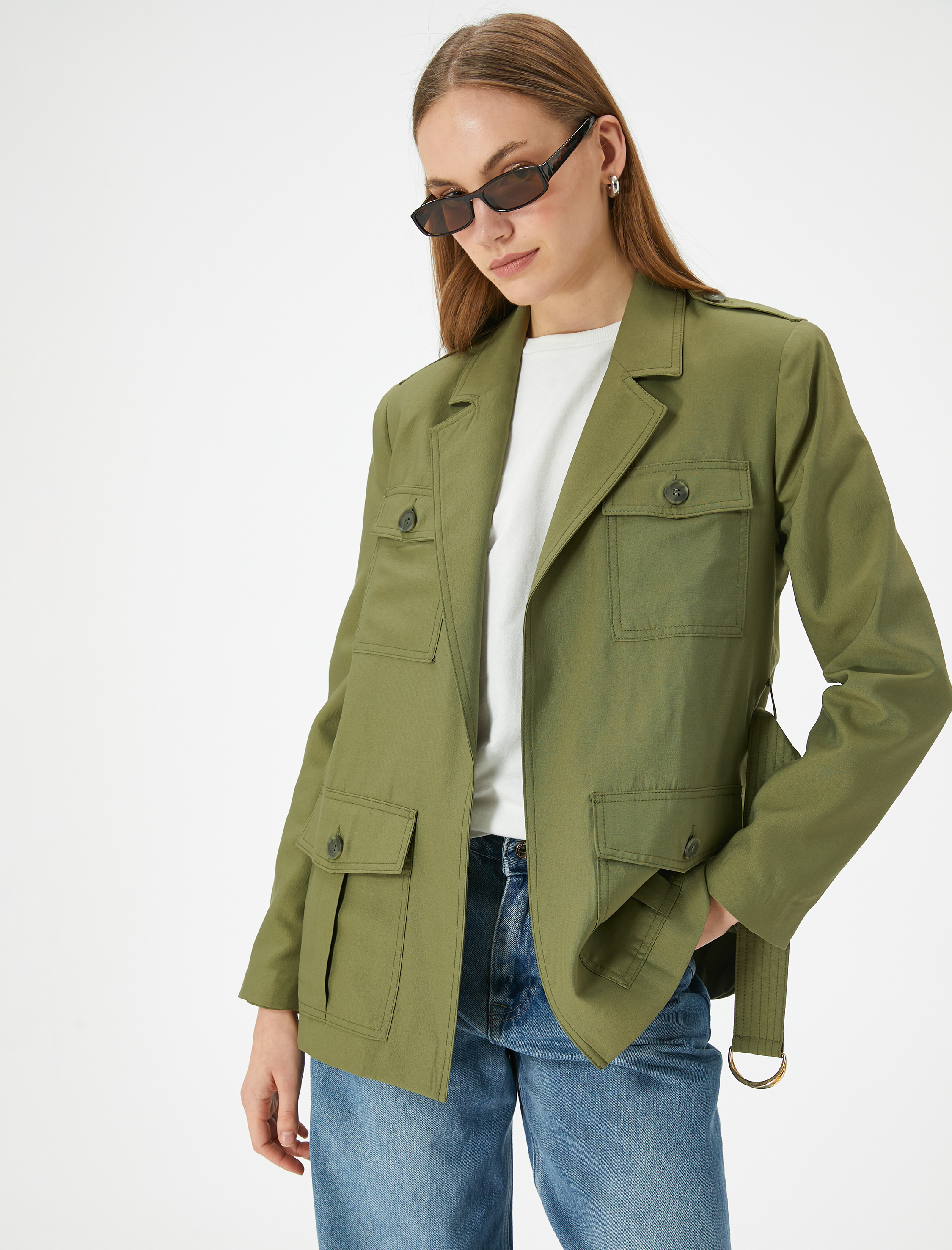   Mevsimlik Ceket Kemerli Kargo Cepli Düğmeli Modal Karışımlı