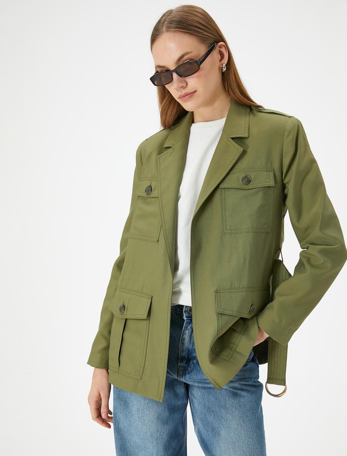  Mevsimlik Ceket Kemerli Kargo Cepli Düğmeli Modal Karışımlı