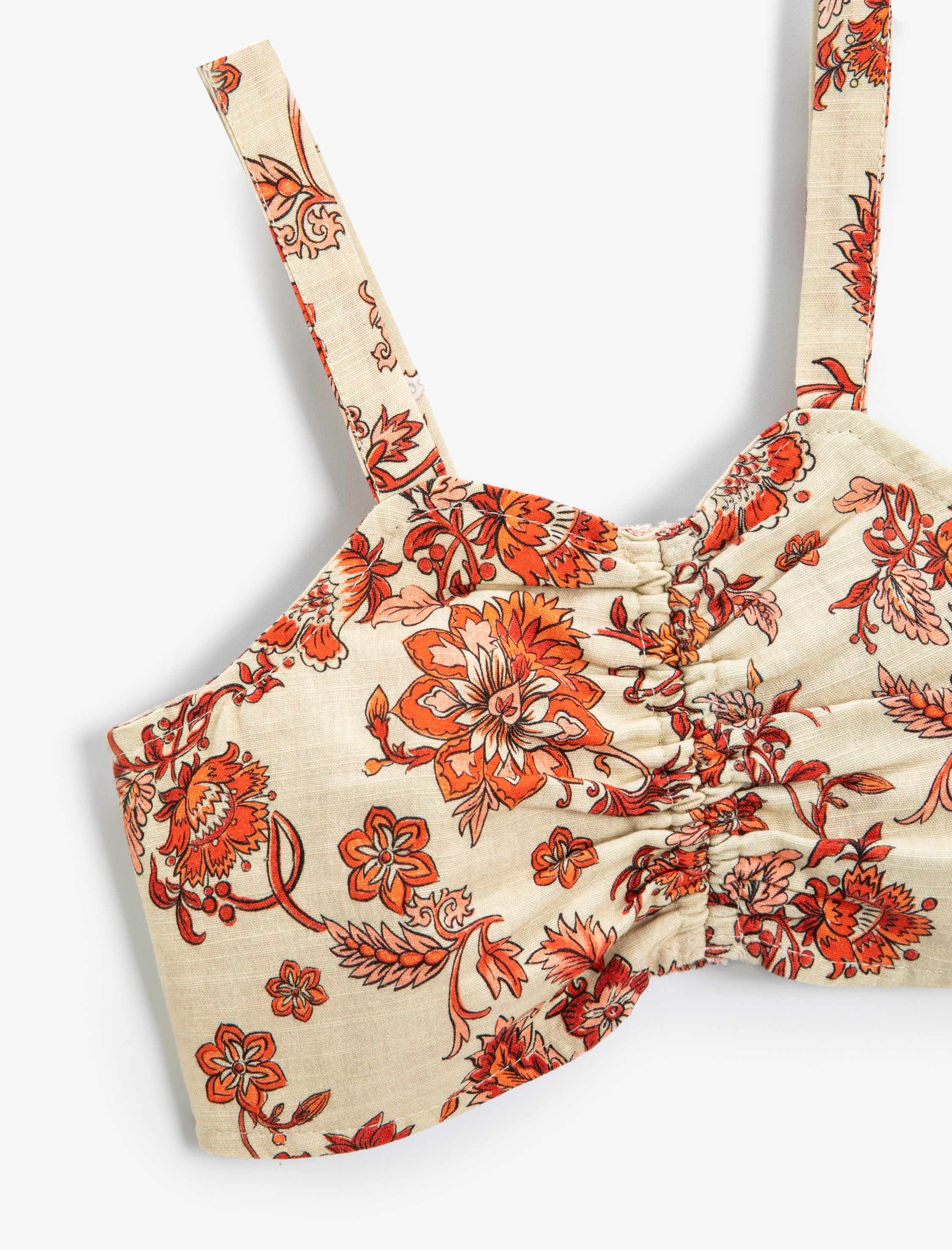  Kız Çocuk Crop Bluz Askılı Önü Büzgülü Pamuklu