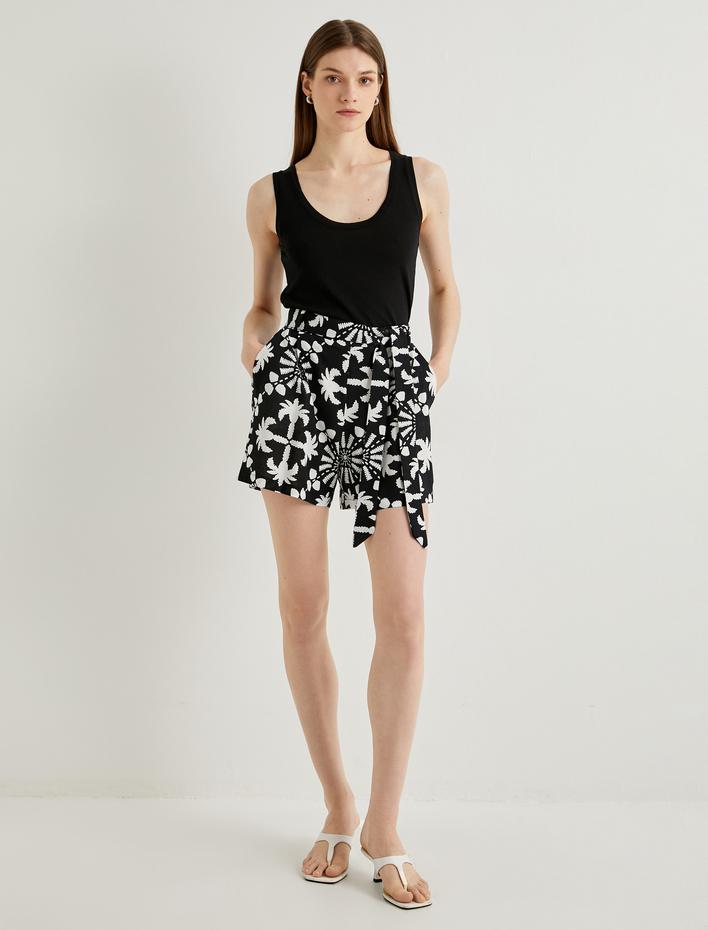  Keten Viskon Şort Cep Detaylı Normal Bel Kuşaklı