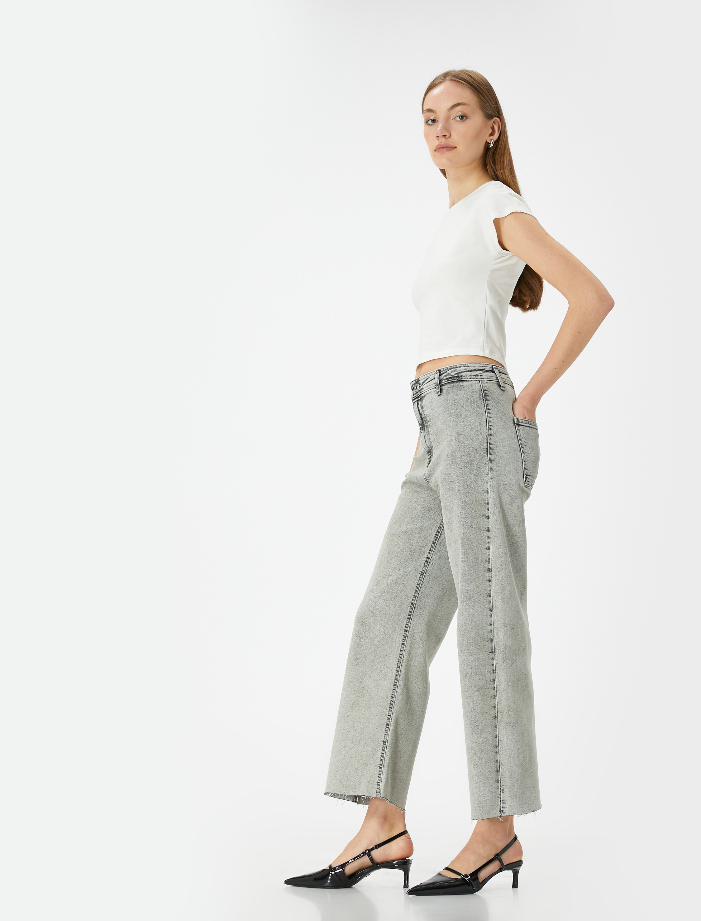   Geniş Kısa Paça Kot Pantolon Yüksek Bel Esnek Rahat Kalıp Cepli Pamuklu - Sandra Jeans