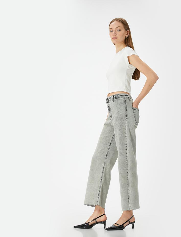  Geniş Kısa Paça Kot Pantolon Yüksek Bel Esnek Rahat Kalıp Cepli Pamuklu - Sandra Jeans