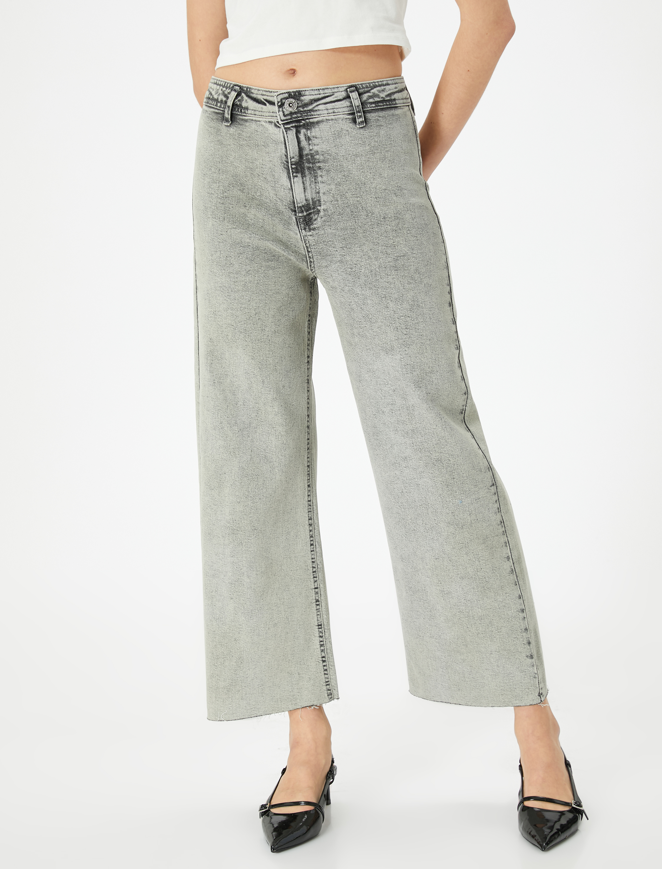   Geniş Kısa Paça Kot Pantolon Yüksek Bel Esnek Rahat Kalıp Cepli Pamuklu - Sandra Jeans