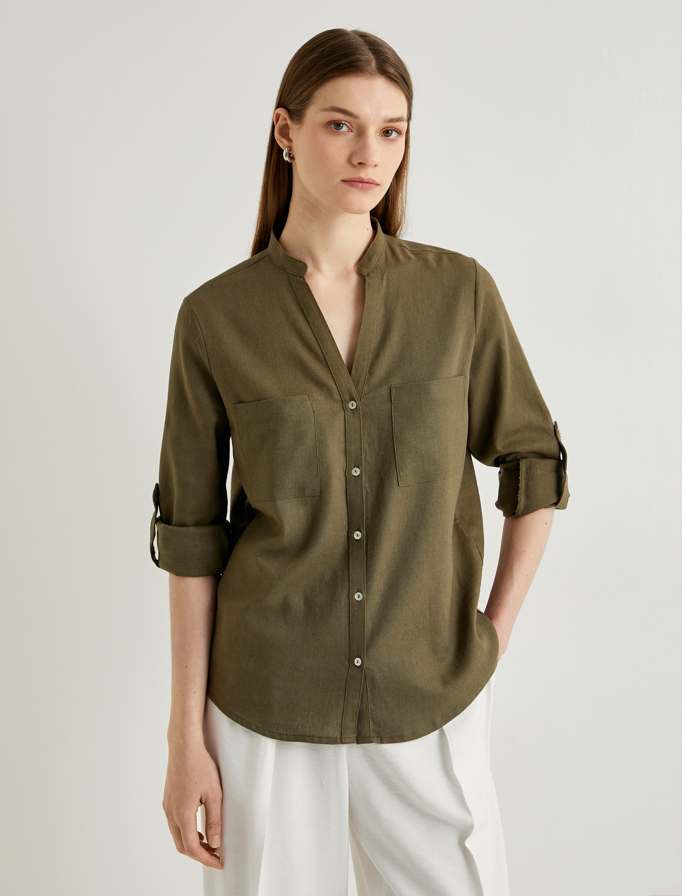   Hakim Yaka Gömlek Uzun Kollu Düğmeli Viskon Keten Karışımlı Standart Kesim