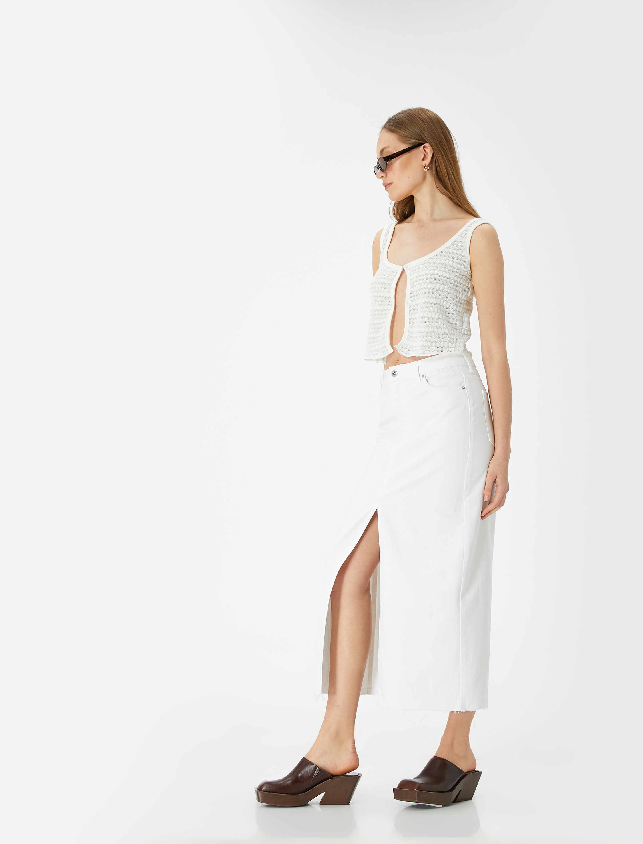   Uzun Kot Etek Önden Yırtmaç Detaylı Yüksek Bel Cepli Rahat Kalıp