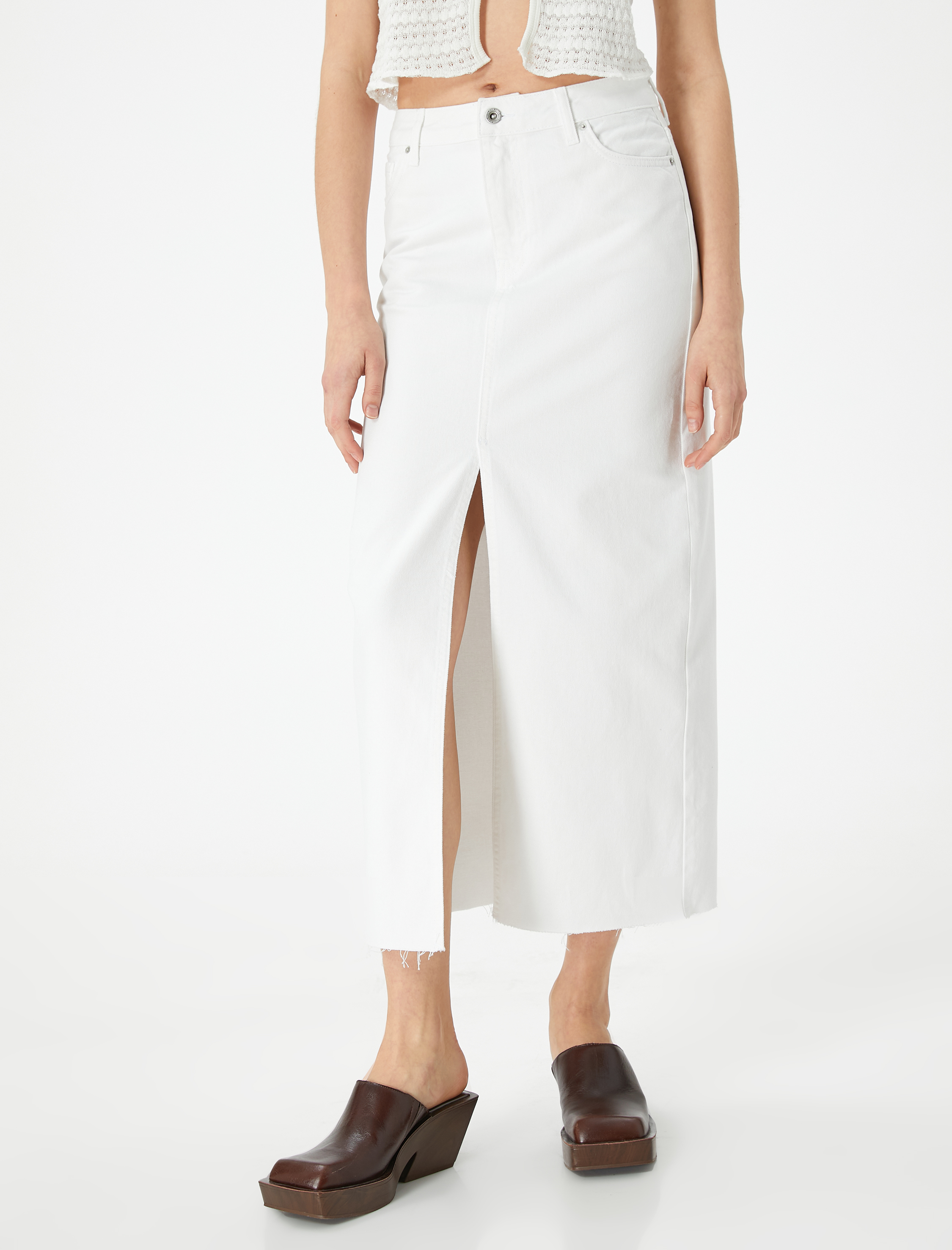   Uzun Kot Etek Önden Yırtmaç Detaylı Yüksek Bel Cepli Rahat Kalıp