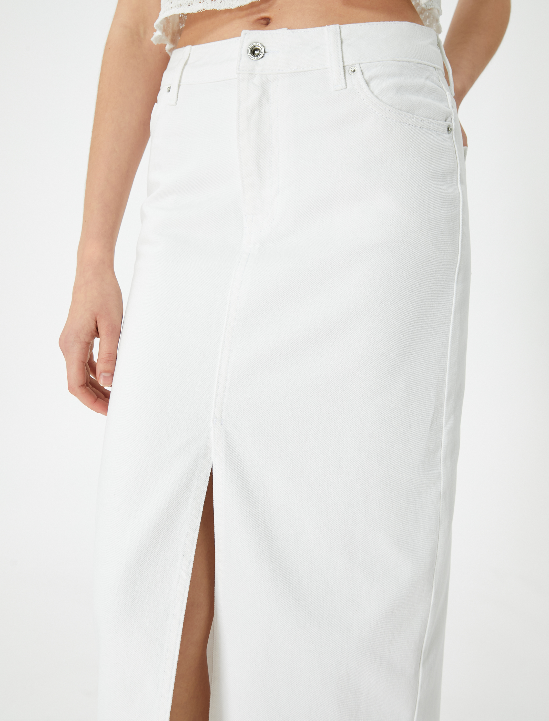   Uzun Kot Etek Önden Yırtmaç Detaylı Yüksek Bel Cepli Rahat Kalıp