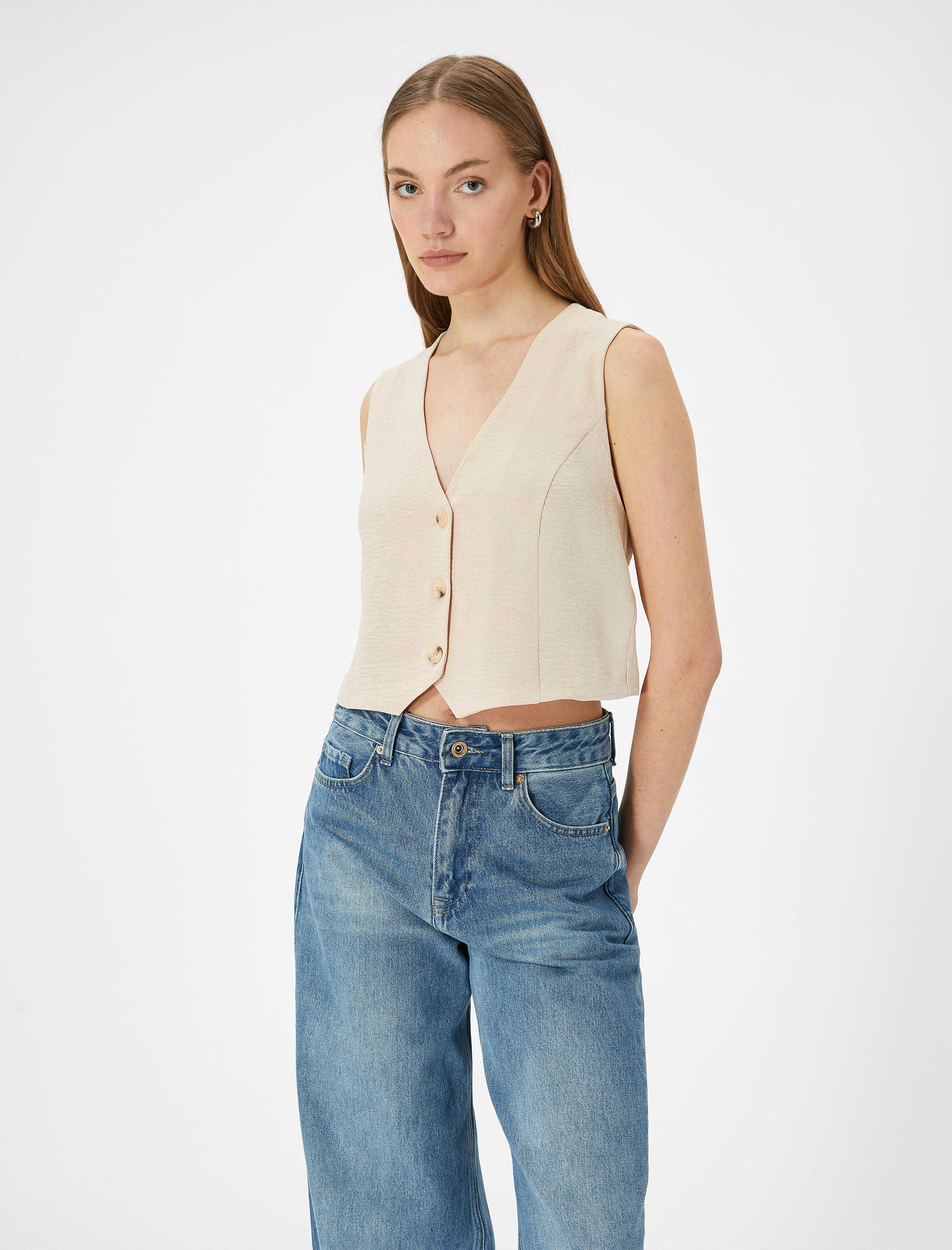   Crop Yelek Bluz İnce Aerobin Kumaş V Yaka Düğmeli