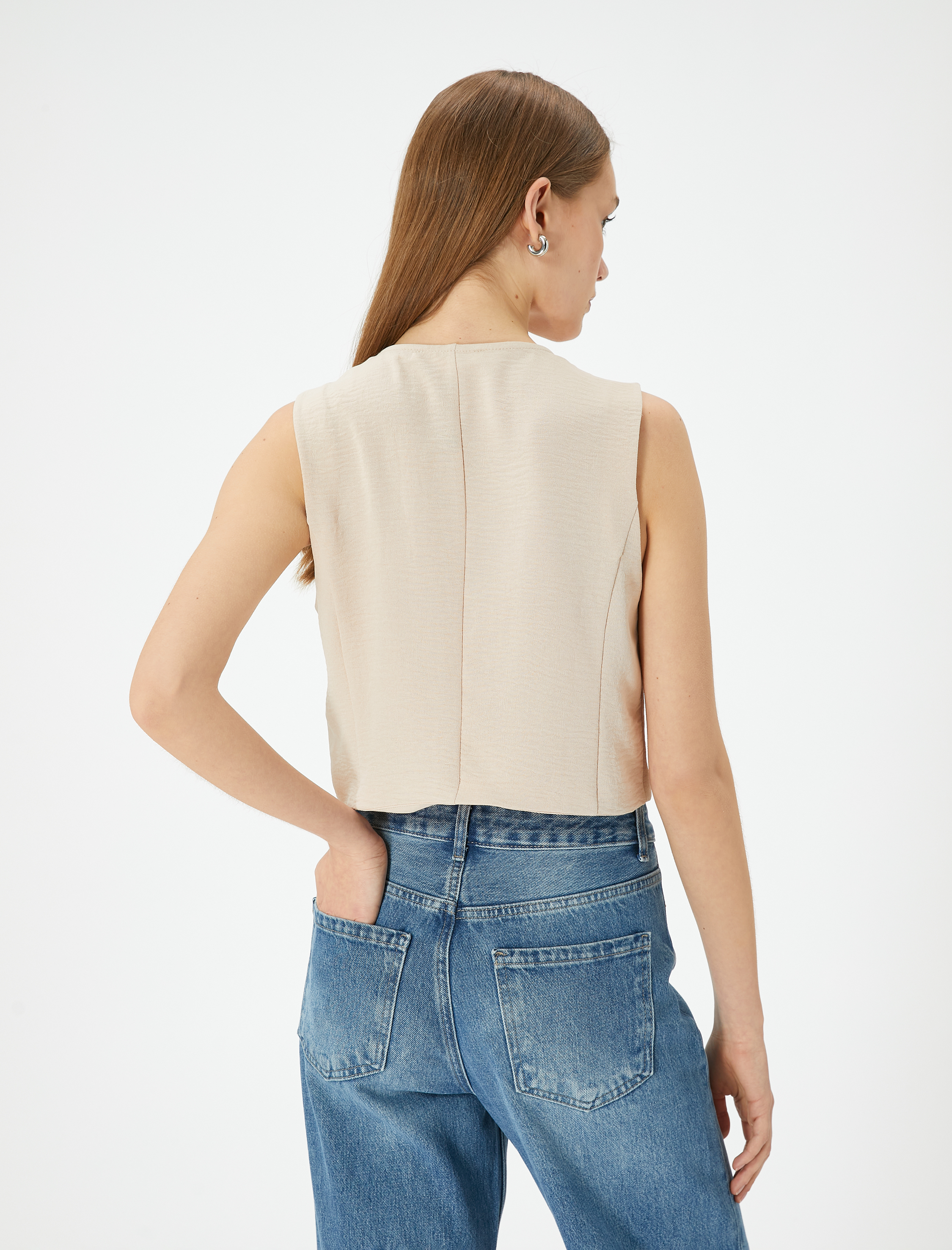   Crop Yelek Bluz İnce Aerobin Kumaş V Yaka Düğmeli