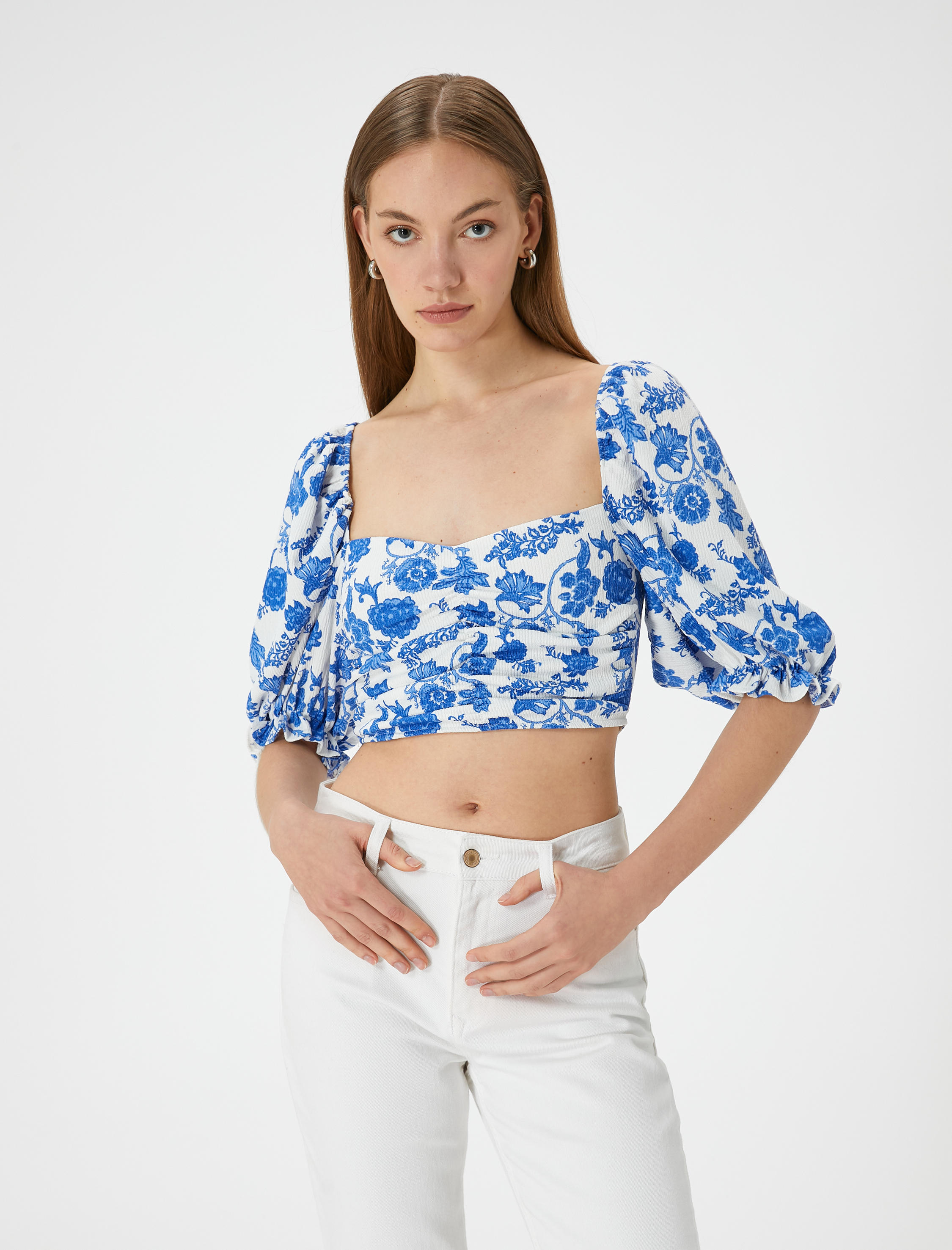   Crop Çiçekli Bluz Kare Yaka Balon Kollu
