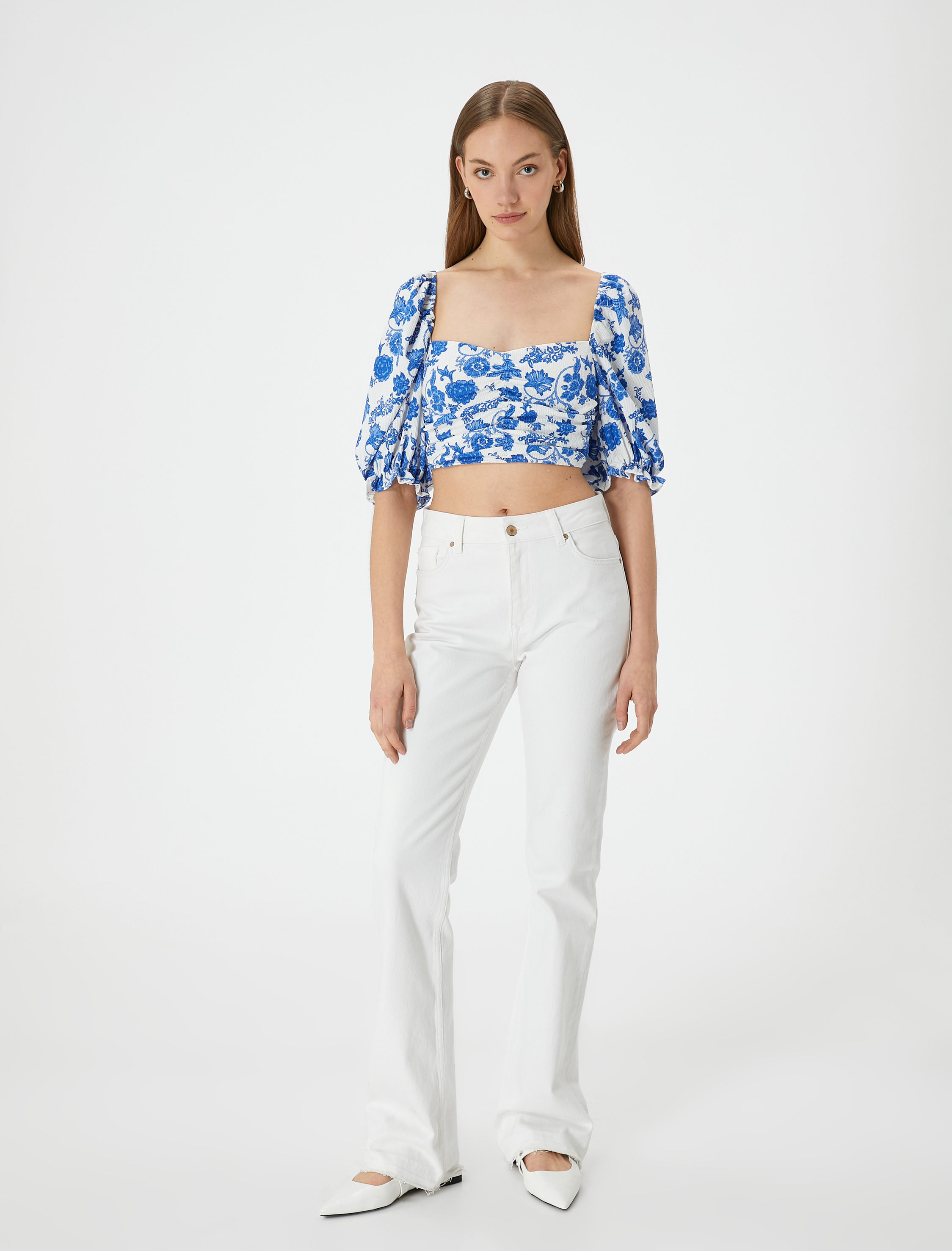   Crop Çiçekli Bluz Kare Yaka Balon Kollu